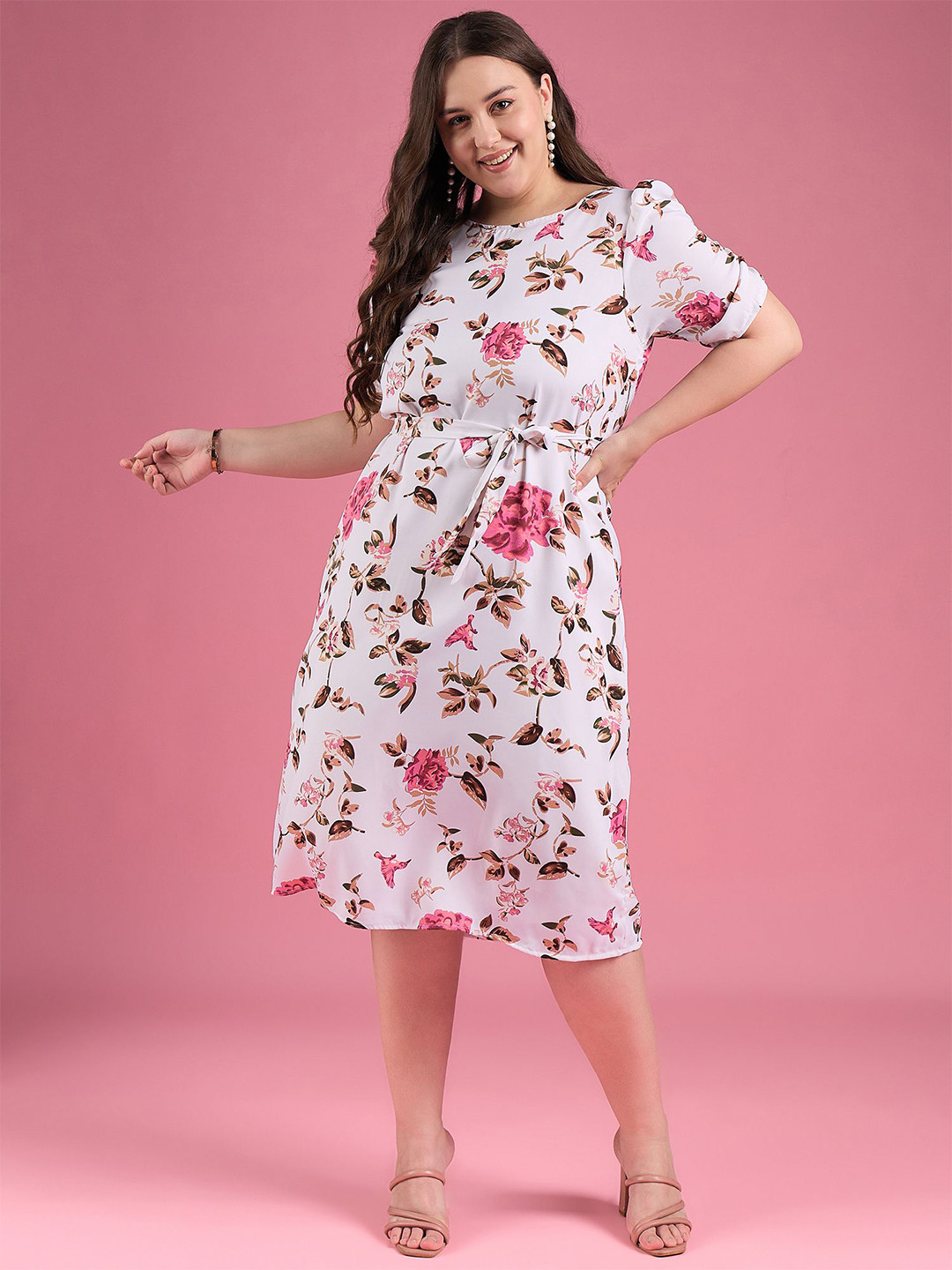 

DressBerry Curve Plus Size Floral Printed A-Line Midi Dress, Off white