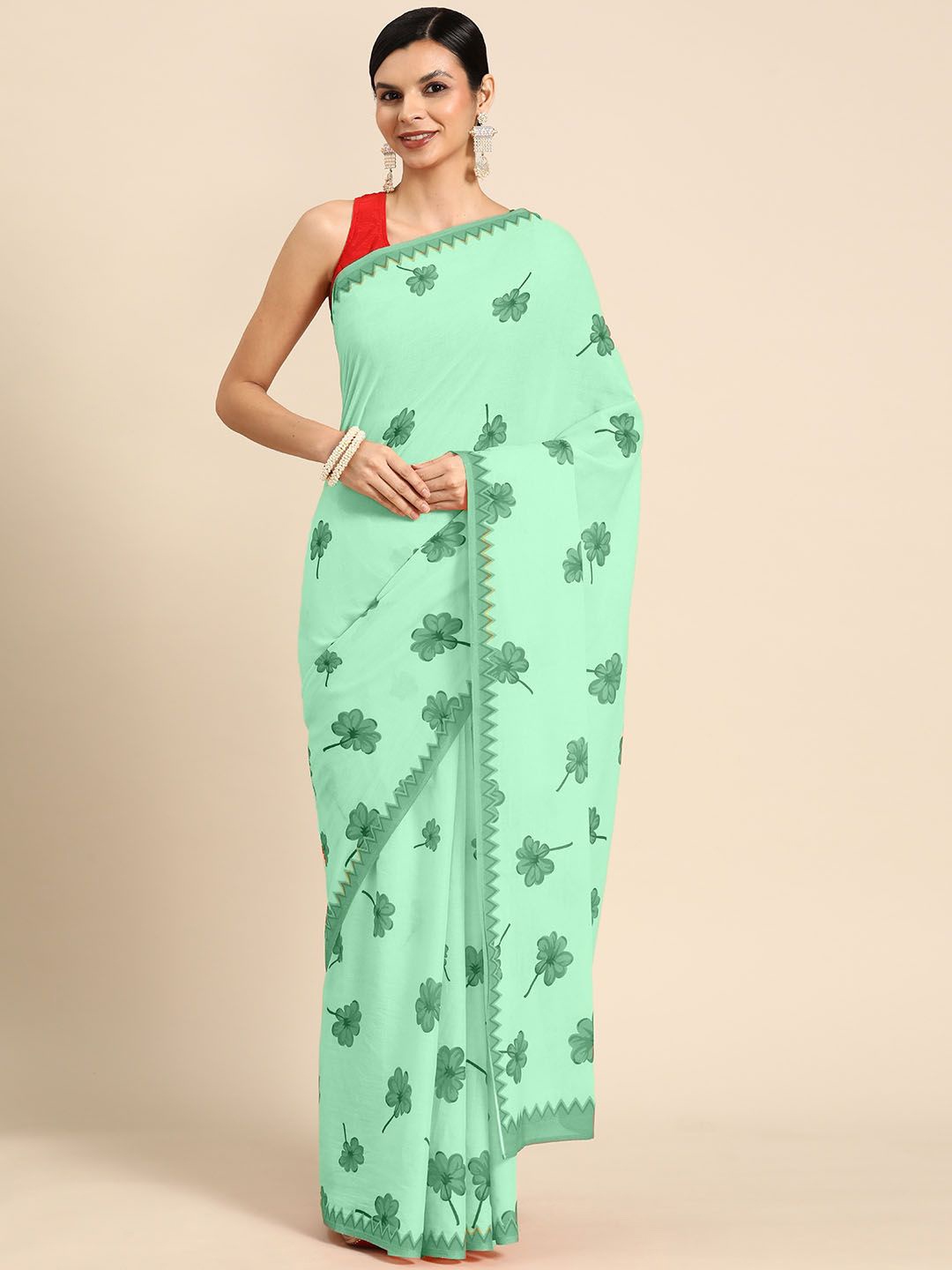 

BUTA BUTI Floral Pure Cotton Saree, Green