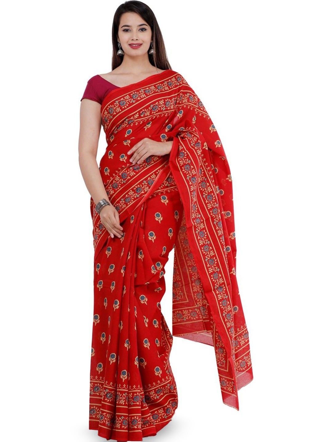 

Pinkcity Trade World Floral Pure Cotton Block Print Saree, Red