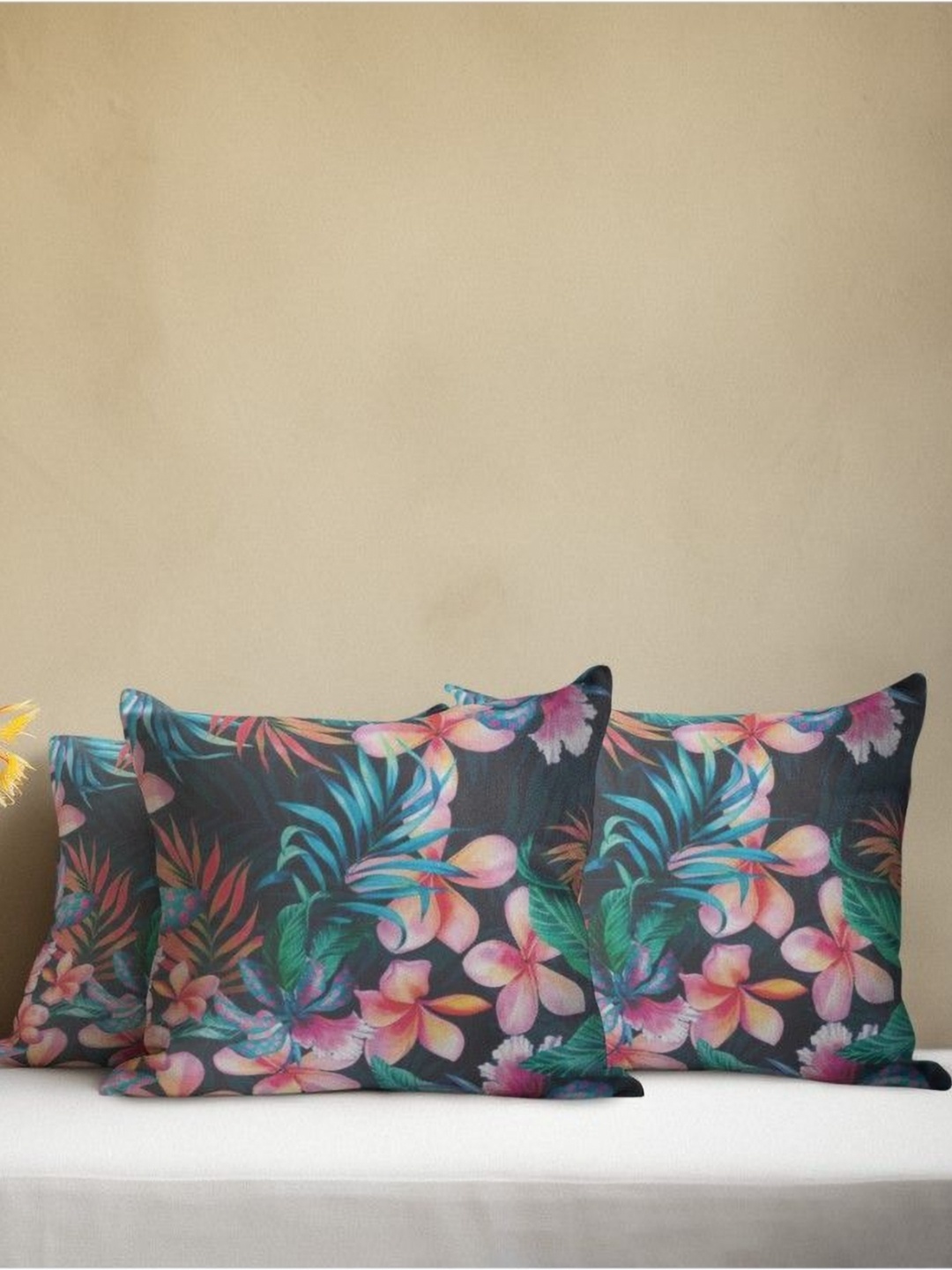 

THEYAYACAFE Grey & Pink 3 Pieces Floral Velvet Square Cushion Covers