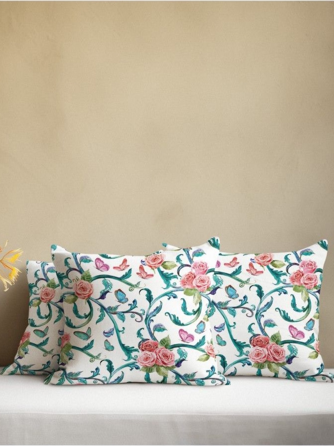 

THEYAYACAFE White & Green 3 Pieces Floral Velvet Square Cushion Covers