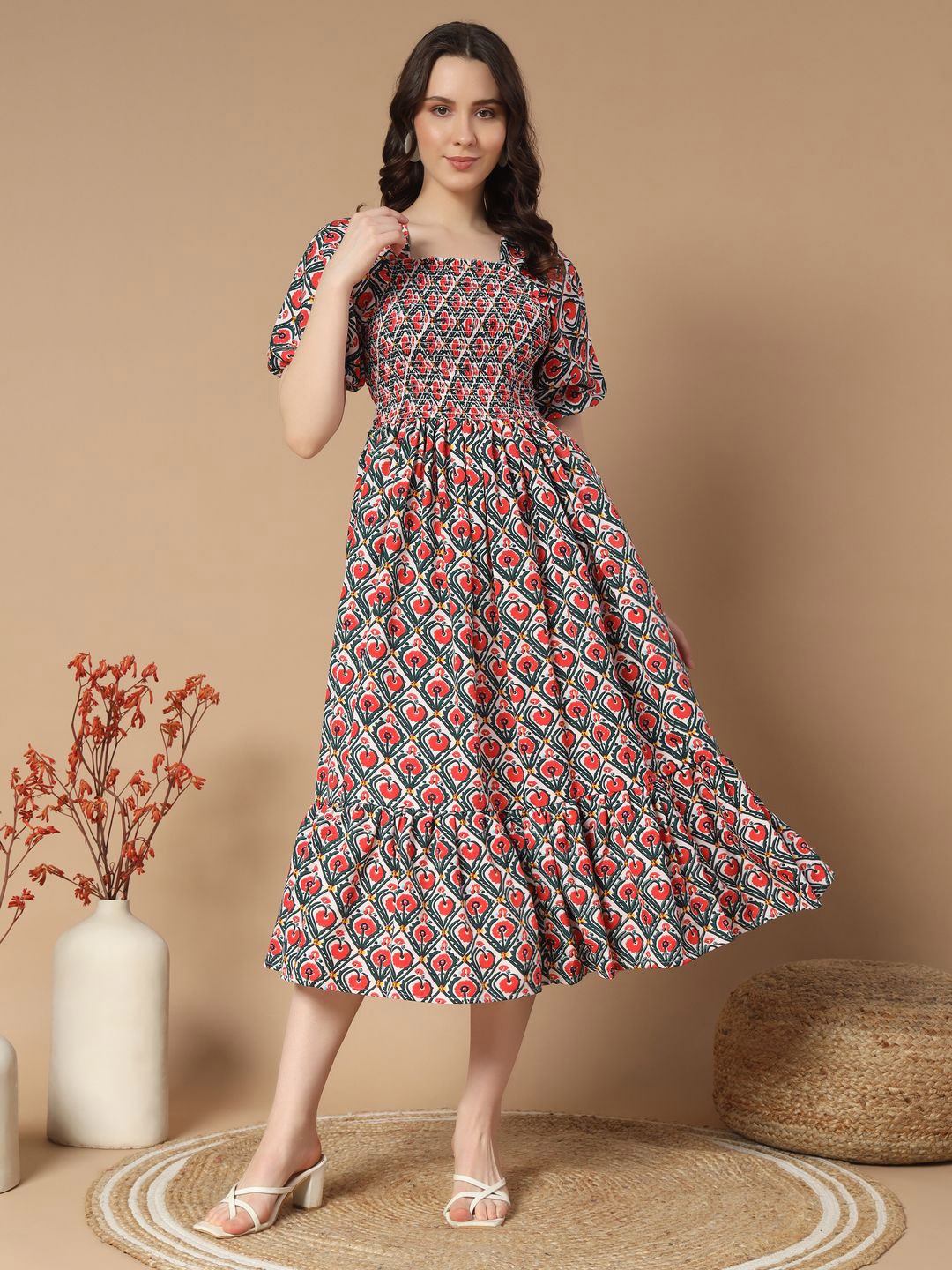 

ZWERLON Floral Print Puff Sleeve A-Line Midi Dress, Red