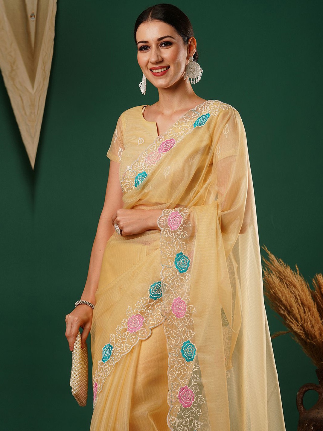 

Satrani Floral Embroidered Net Saree, Yellow