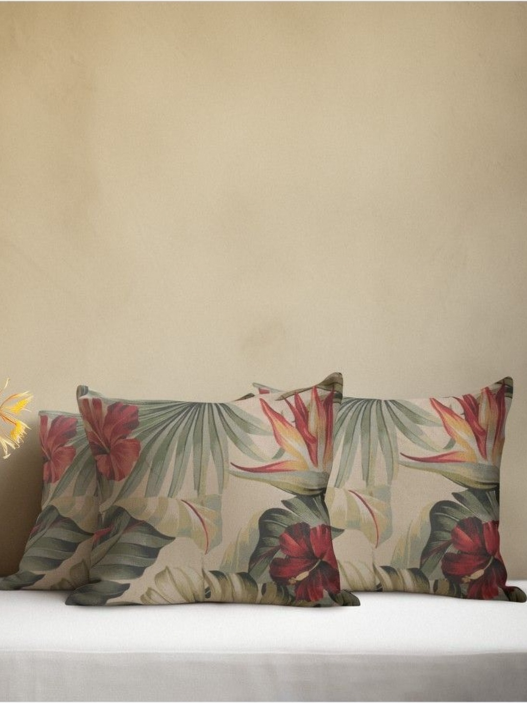 

THEYAYACAFE Beige & Green 3 Pieces Floral Printed Velvet Square Cushion Covers