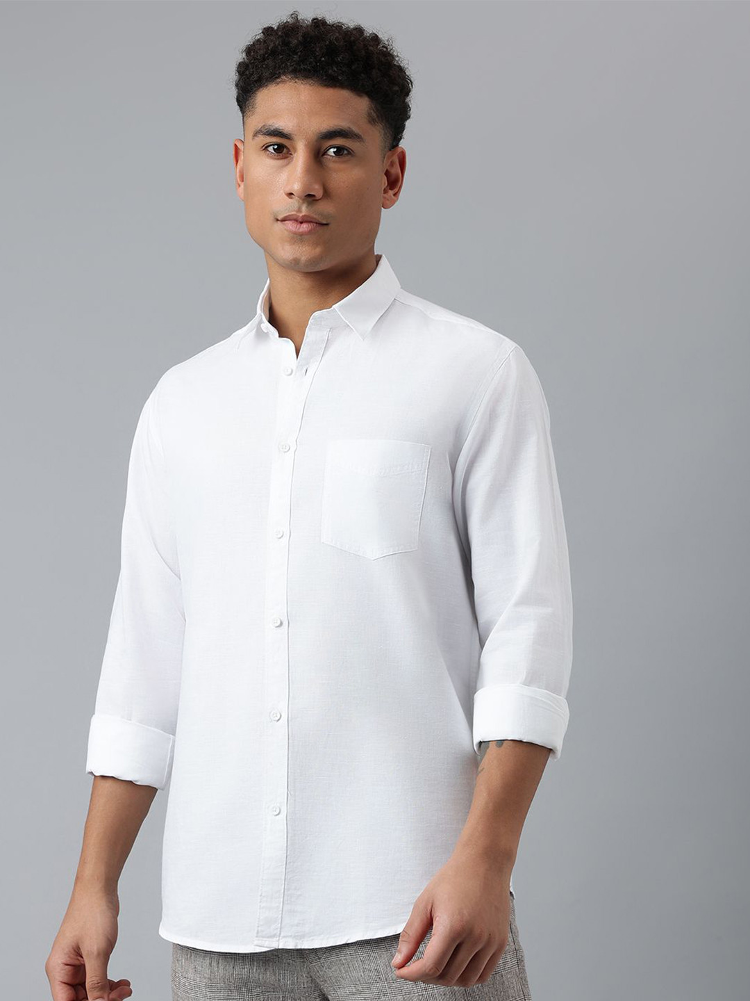

Richlook Men Comfort Spread Collar Solid Linen Casual Shirt, White