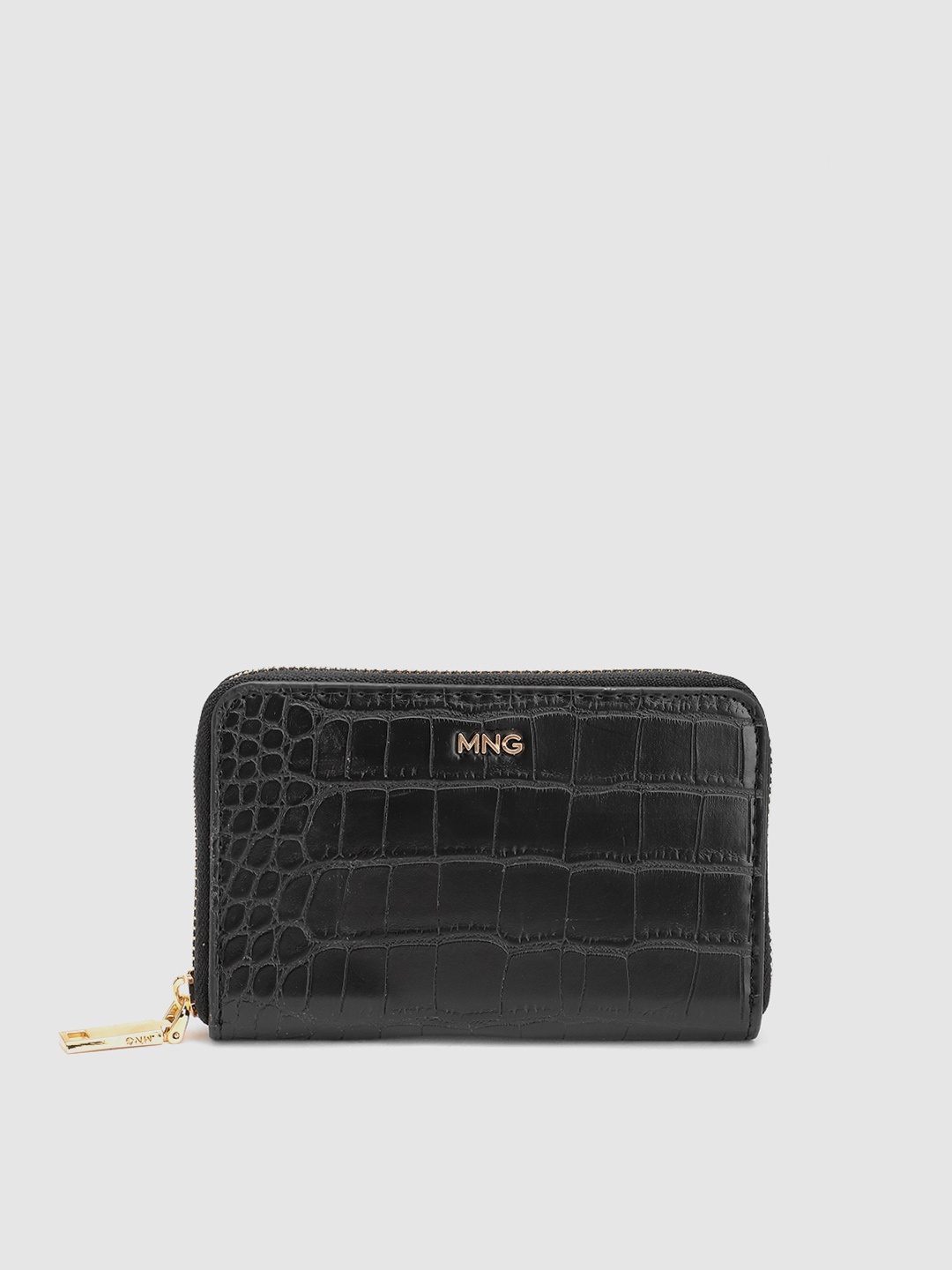 

MANGO Women Croc Textured Zip Around Wallet, Black