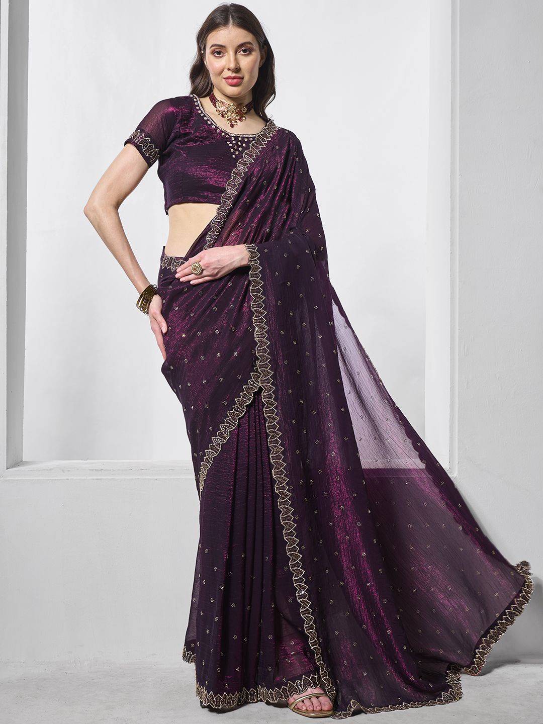 

Kalista Embellished Beads and Stones Organza Saree, Burgundy