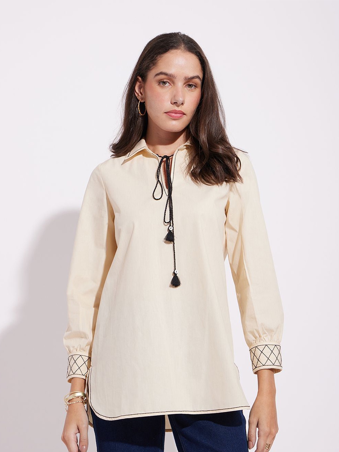 

Pink Fort Women Solid Shirt Collar Cotton Top, Cream