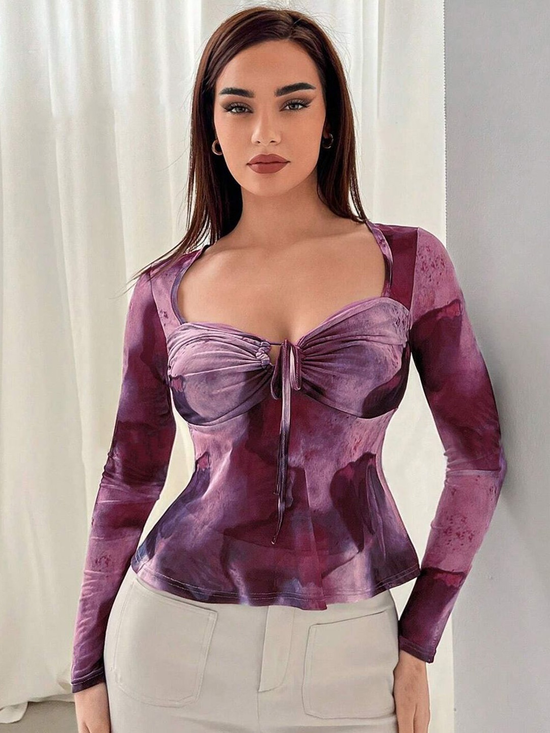 

TANDUL Women Abstract Printed Sweetheart Neck Top, Lavender