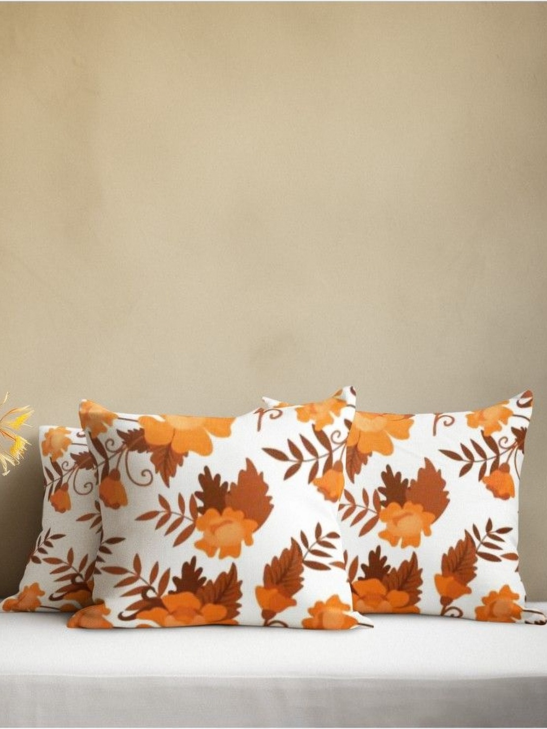 

THEYAYACAFE White & Orange 3 Pieces Floral Printed Velvet Square Cushion Covers