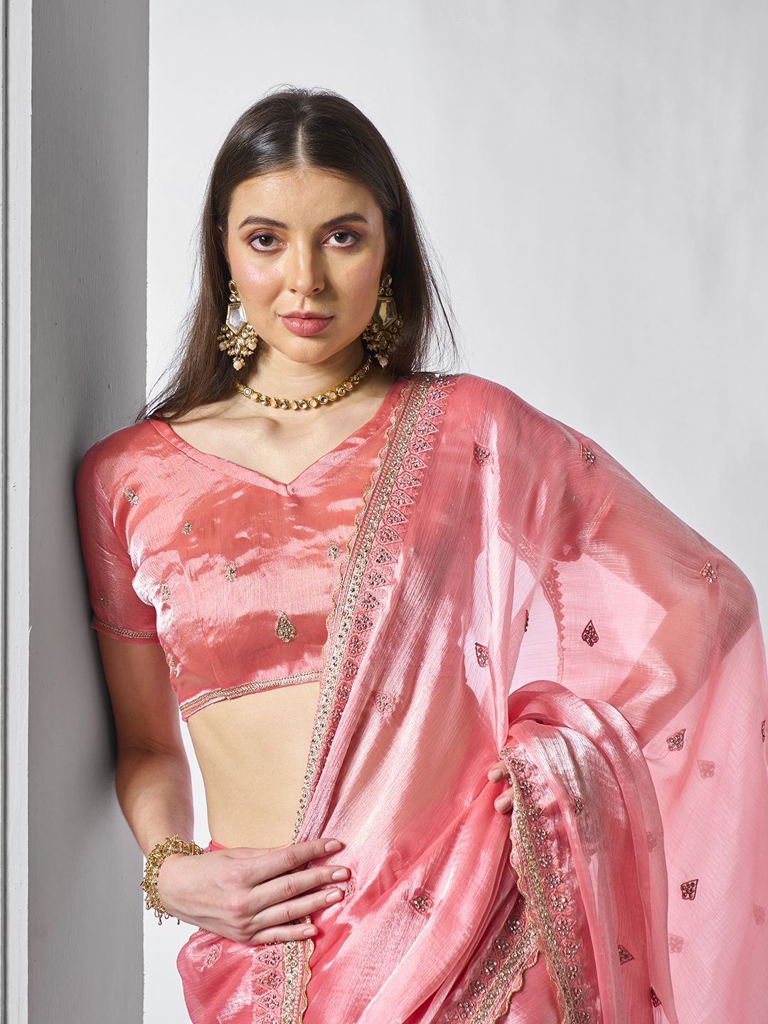 

Kalista Floral Embroidered Organza Saree, Peach