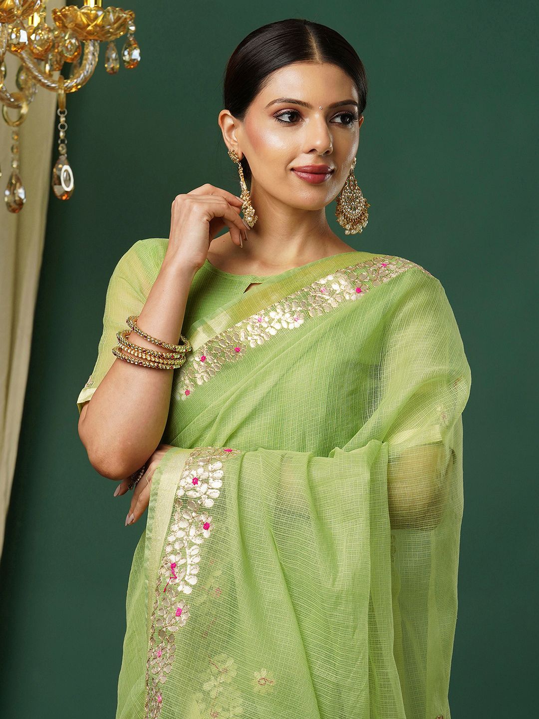 

Mitera Ethnic Motifs Embellished Zari Banarasi Saree, Green