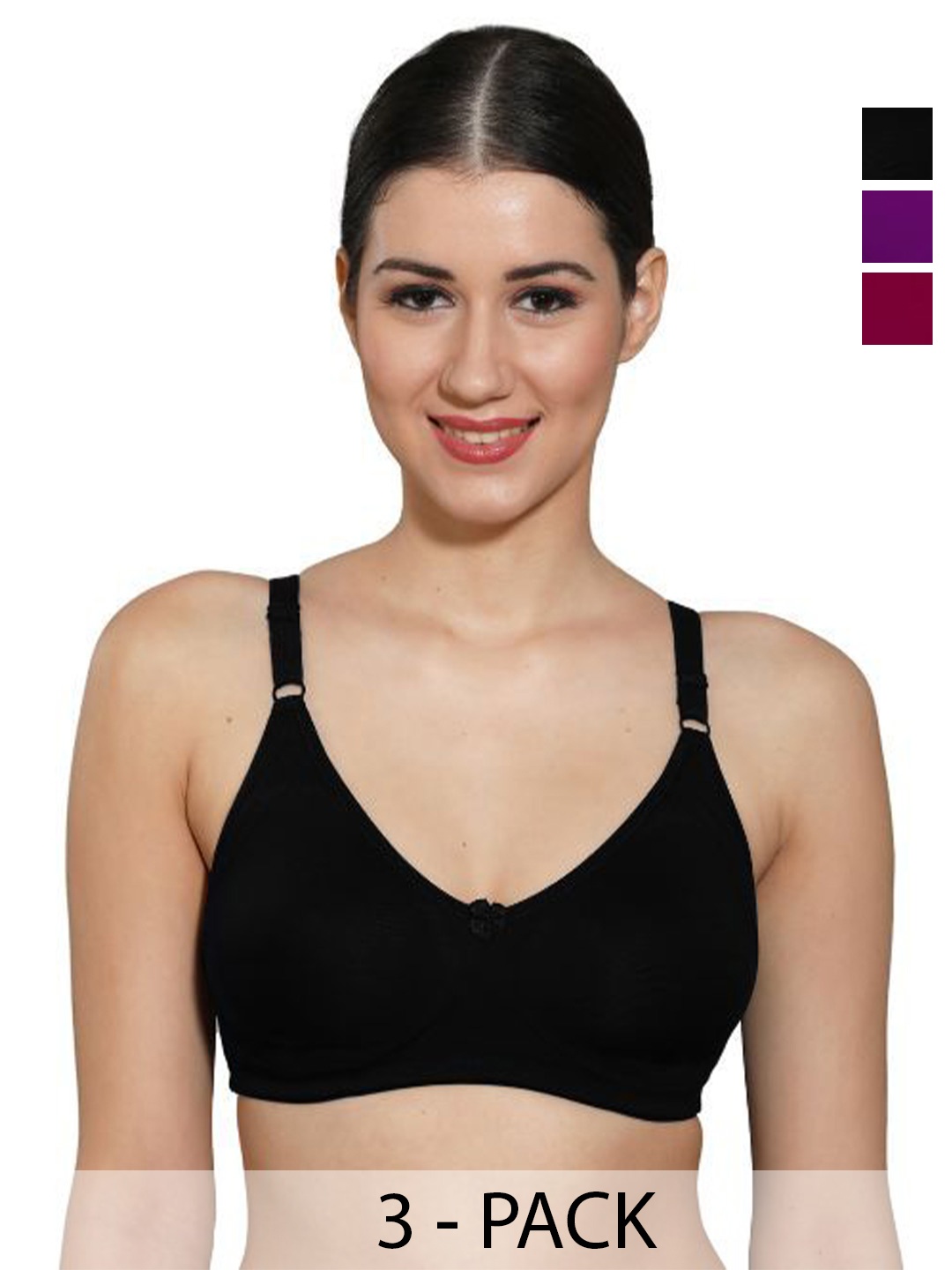 

INGRID Women 3pcs Combo Non Padded Cotton Everyday Non Wired Tshirt Bra, Black