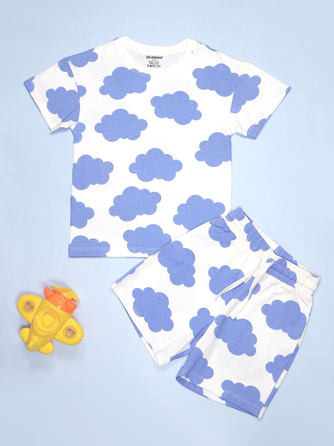 

BE AWARA Boys Printed Pure Cotton T-shirt with Shorts, White