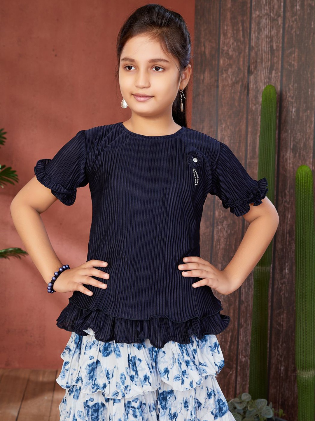 

BAESD Girls Printed Round Neck Short Sleeves Cotton Blend Top with Skirt, Navy blue