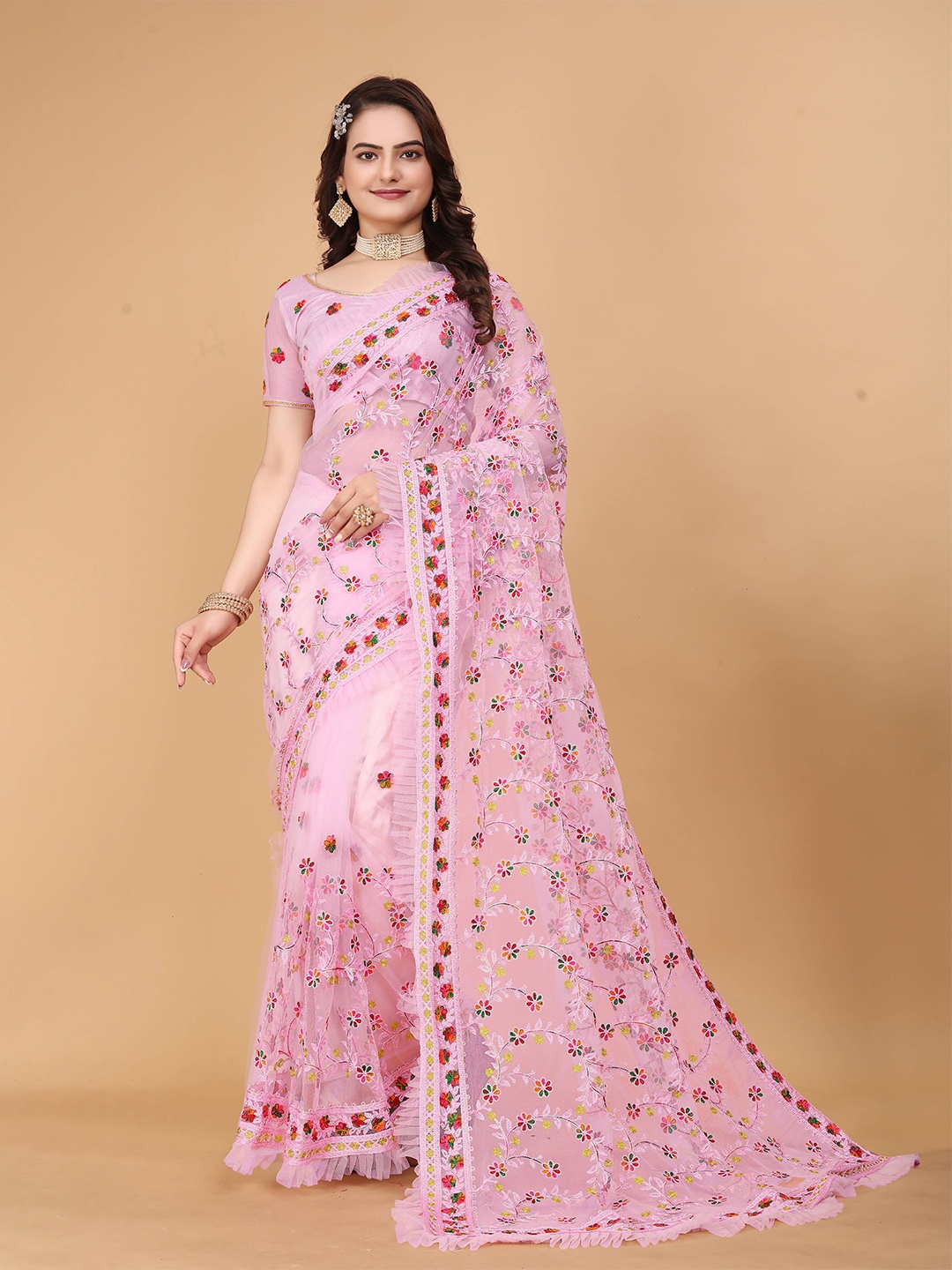 

Zeekha Floral Embroidered Net Heavy Work Kanjeevaram Saree, Pink
