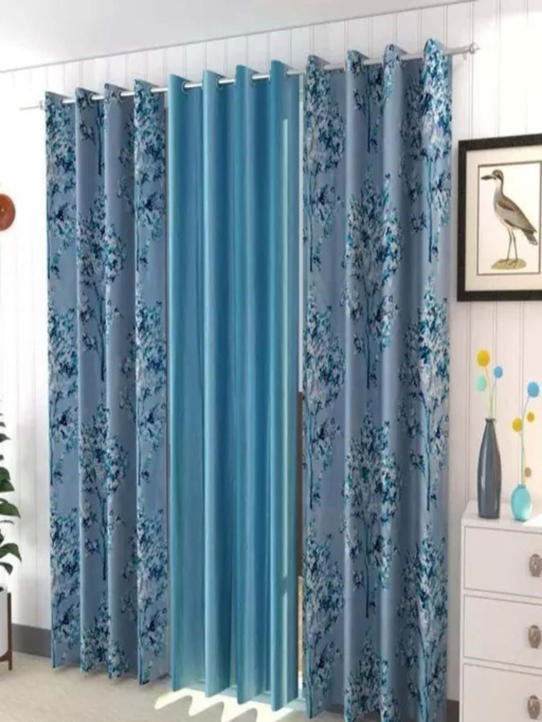 

AADI TRADERS Blue & White 3 Pieces Floral Window Curtains