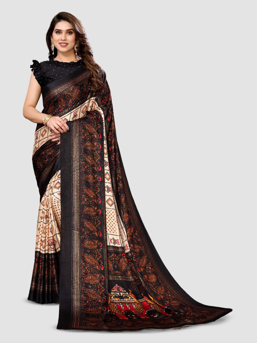 

sareyavella Ajrak Block Poly Chiffon Printed Designer Maheshwari Saree, Black