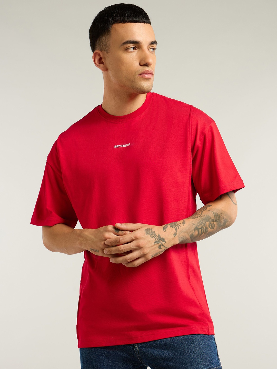 

Beyoung Men Solid Round Neck Cotton Oversized T-shirt, Red