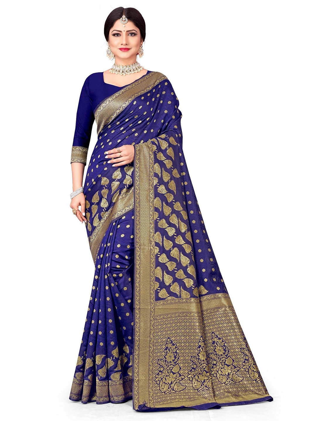 

EMV Floral Woven Design Brocade Saree, Navy blue