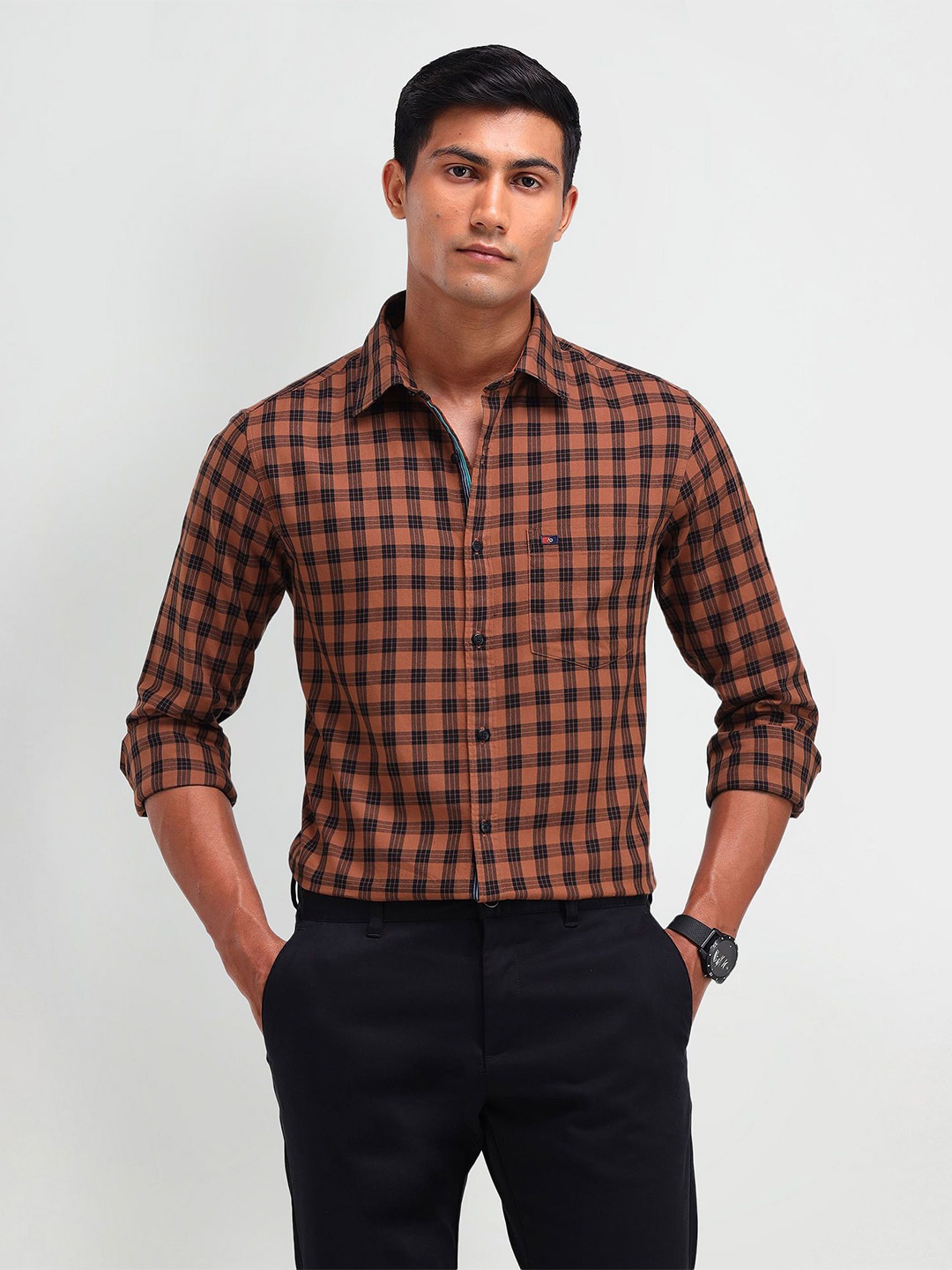 

AD By Arvind Men Spread Collar Checked Cotton Slim Fit Casual Shirt, Orange
