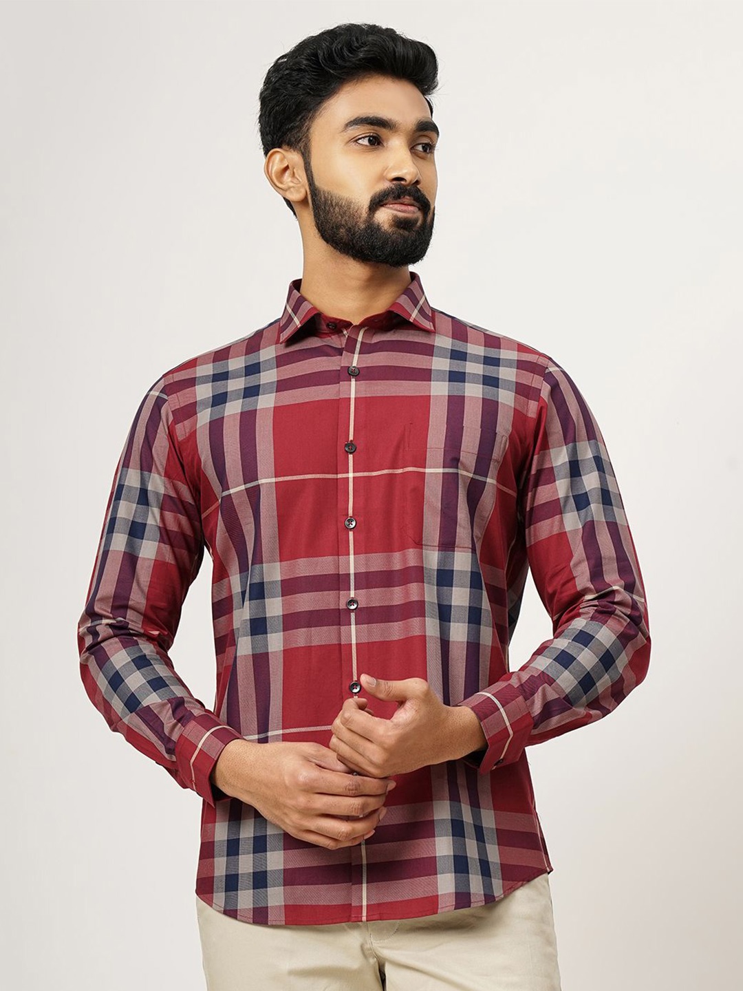 

METAL Men Cutaway Collar Checked Cotton Slim Fit Formal Shirt, Red