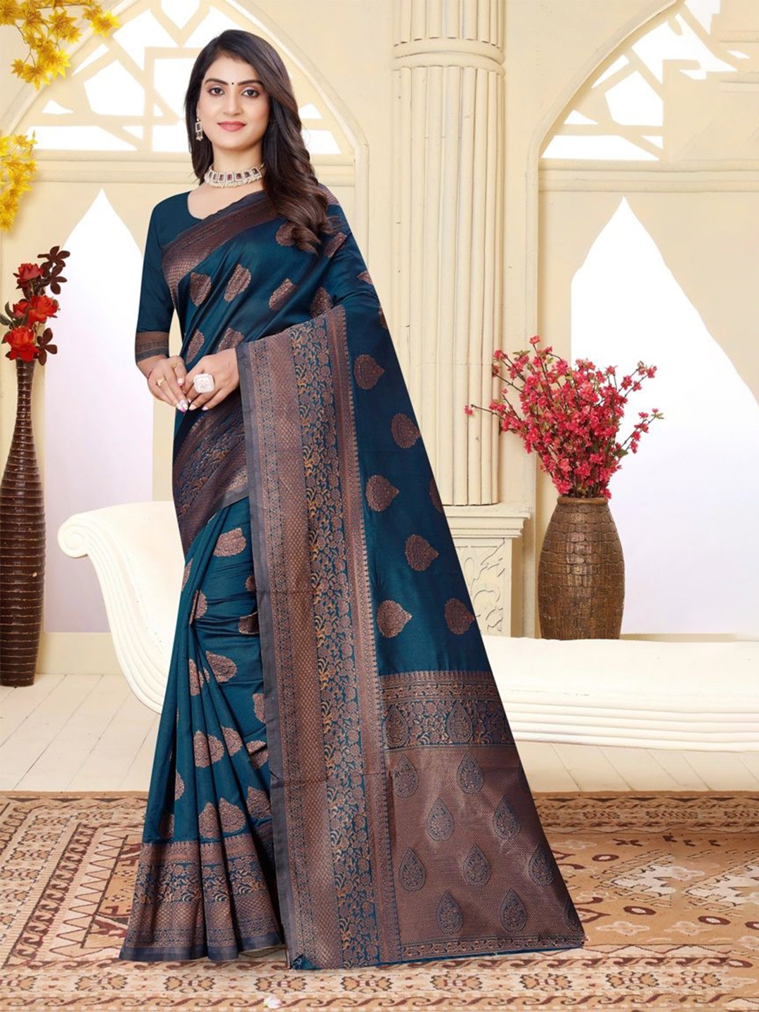 

RASVRITI Woven Design Zari Art Silk Banarasi Saree, Teal