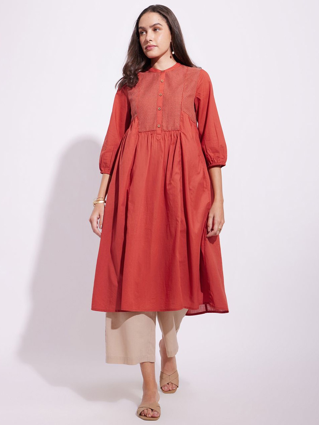 

Pink Fort Geometric Mandarin Collar Anarkali Kurta, Rust