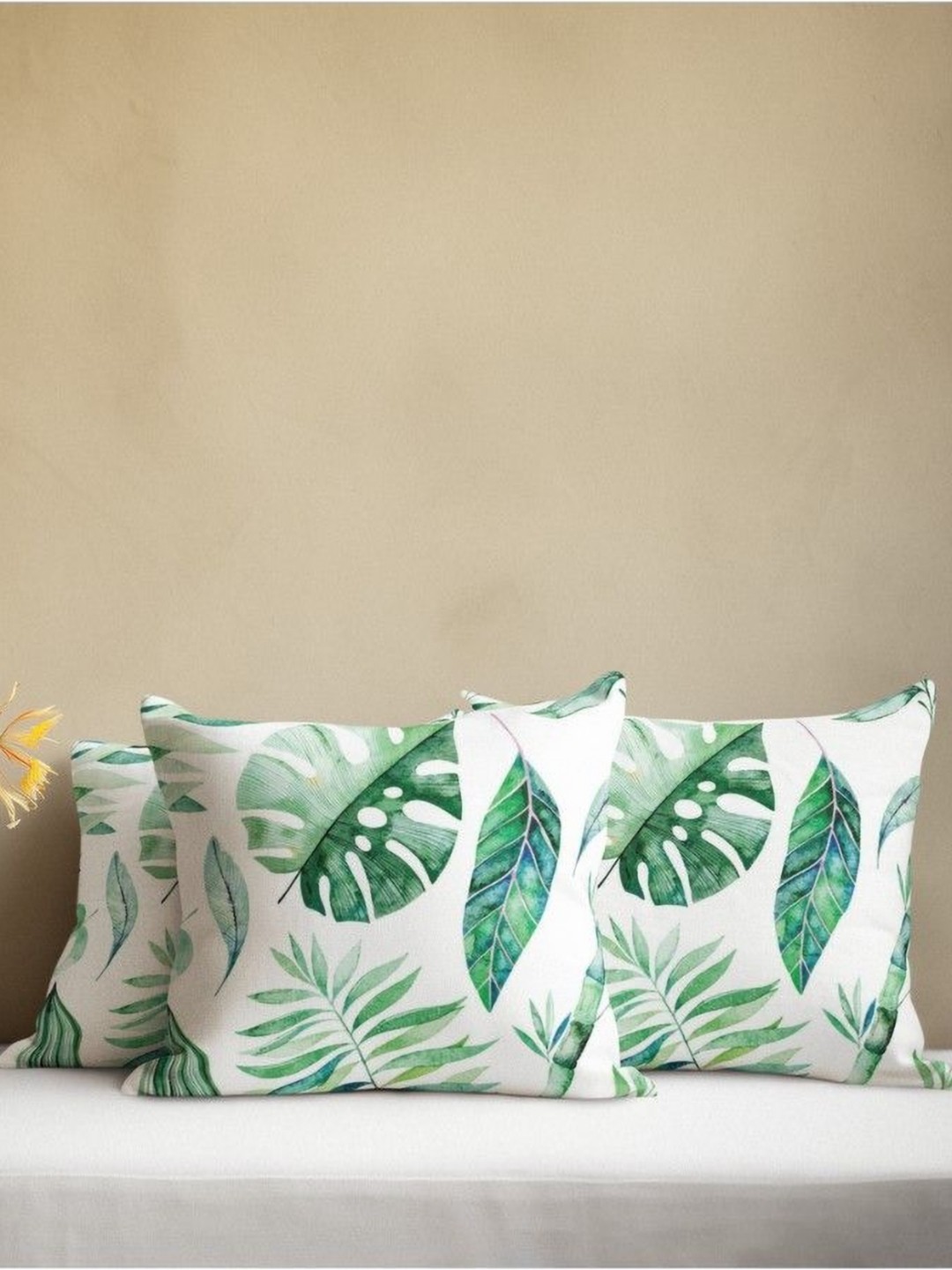 

THEYAYACAFE White & Green 3 Pieces Floral Printed Velvet Square Cushion Covers