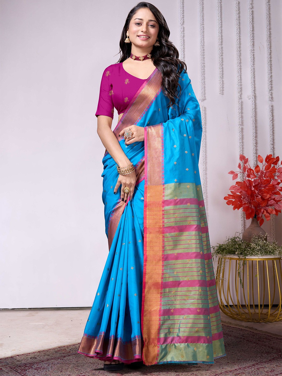 

V3 FASHION STUDIO Ethnic Motifs Zari Art Silk Banarasi Saree, Blue
