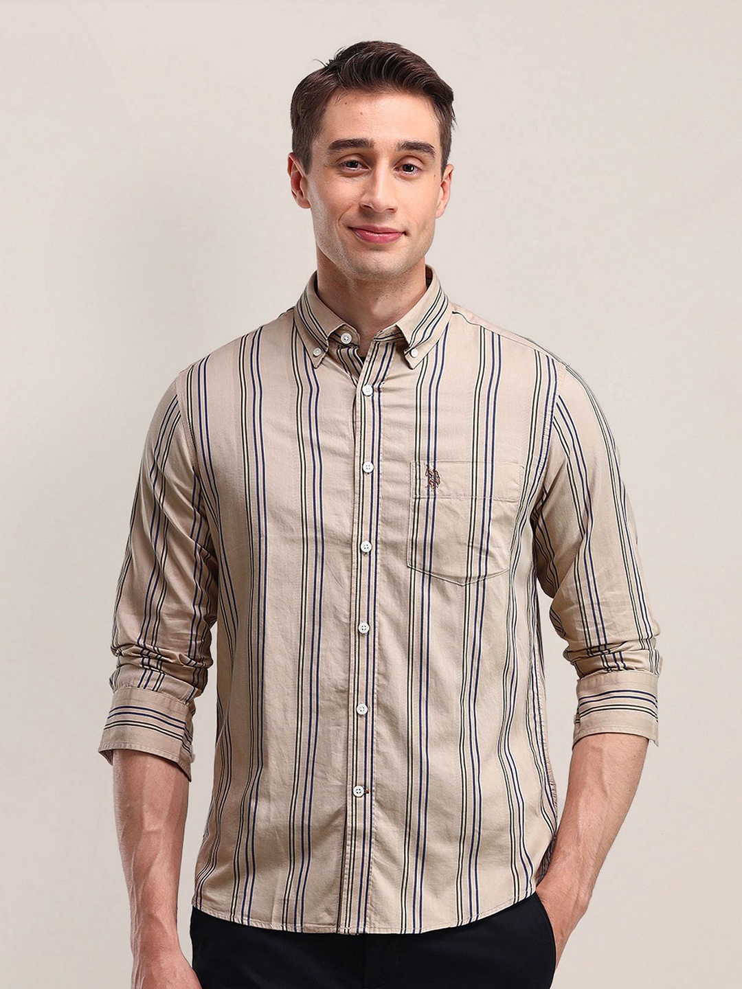 

U.S. Polo Assn. Men Classic Button-Down Collar Vertical Striped Cotton Casual Shirt, Beige