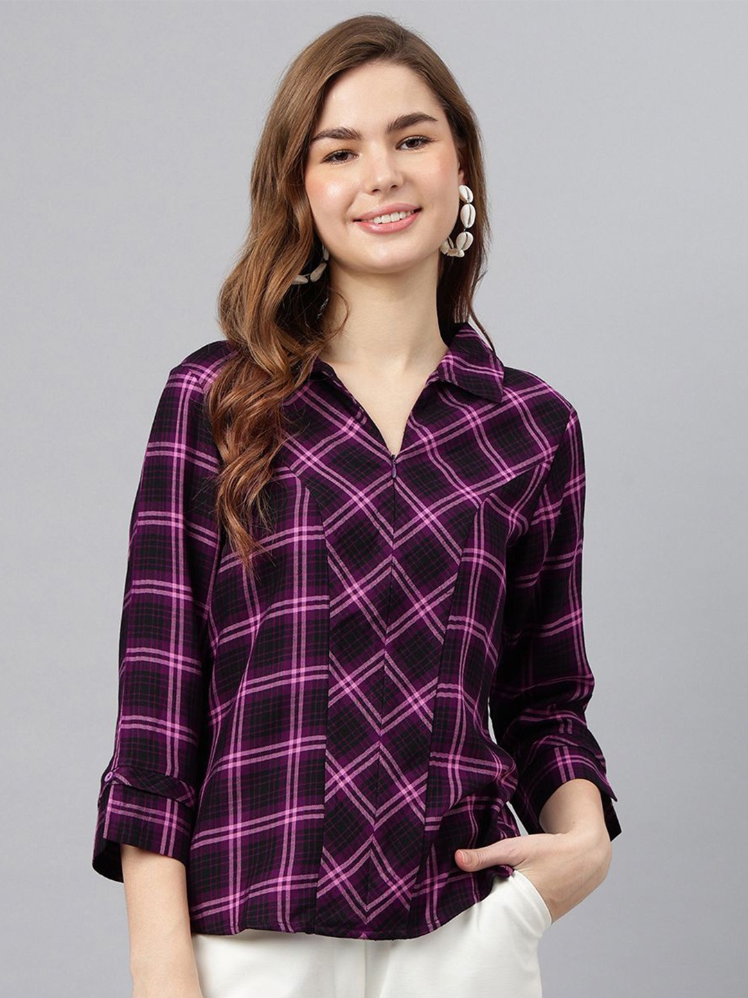 

Latin Quarters Women Checked Printed Shirt Collar Top, Purple