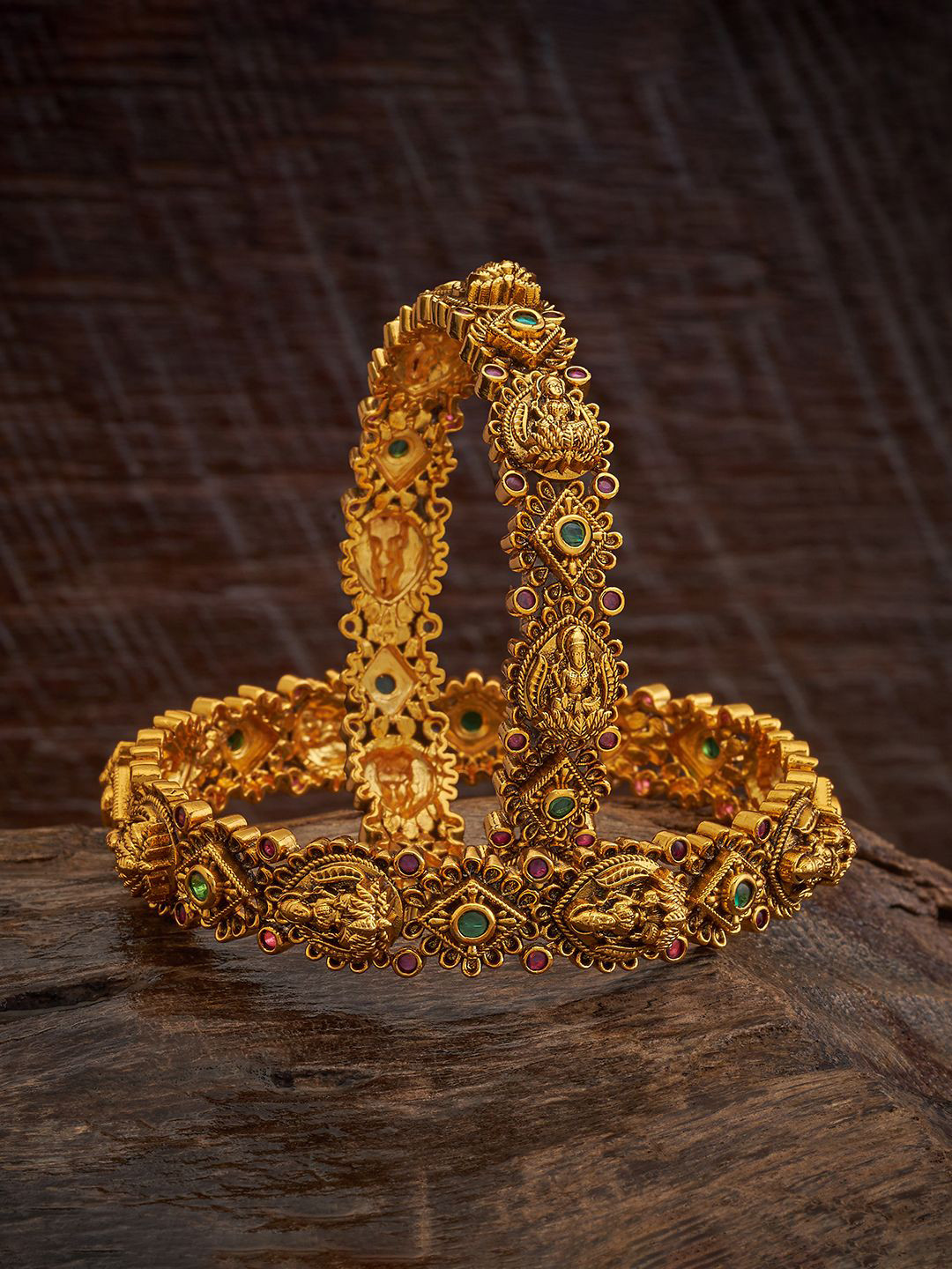 

Kushal's Fashion Jewellery Set Of 2 Gold Plated Ruby Studded Antique Bangles