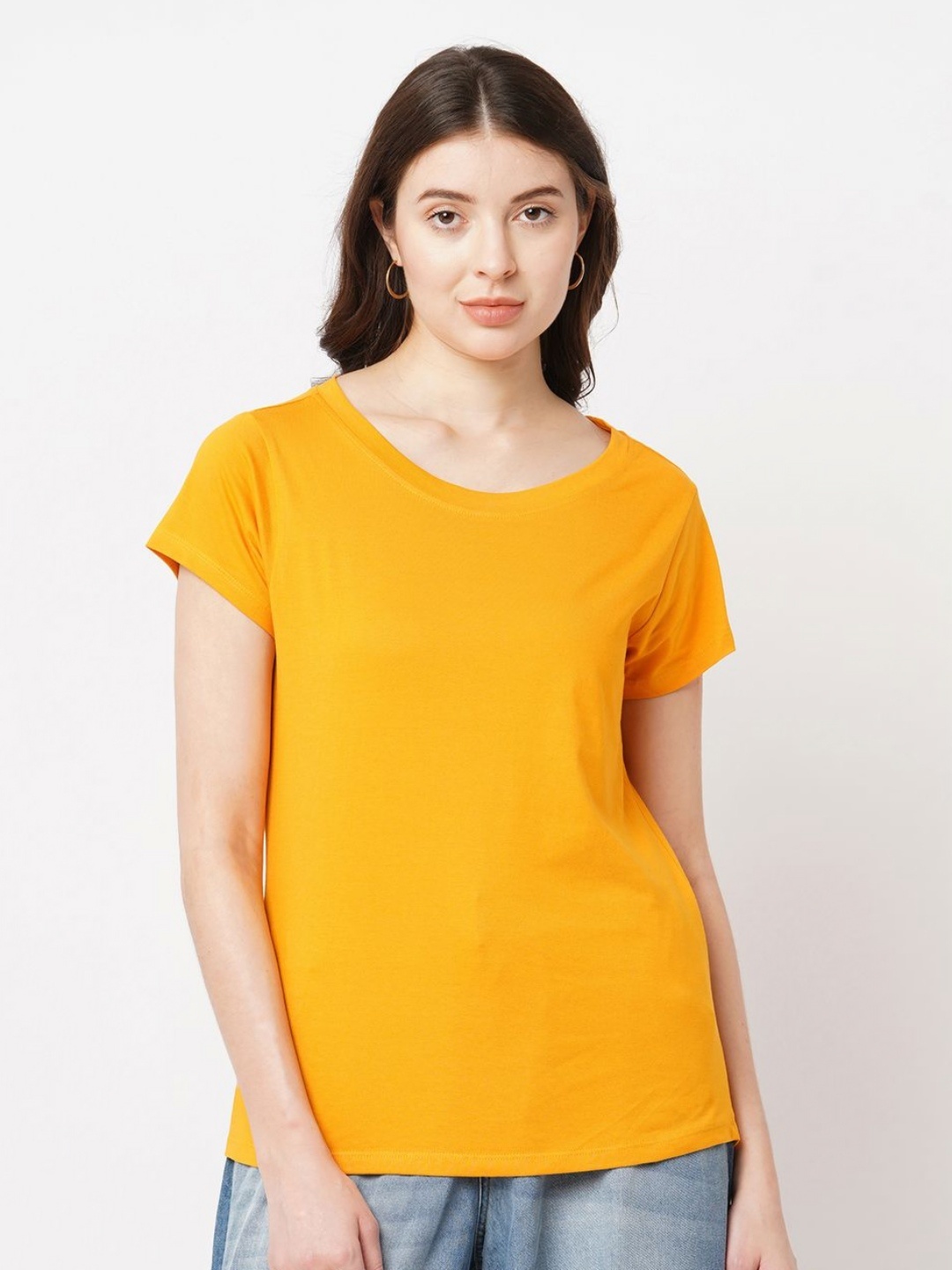

GUTI Women Solid Round Neck Cotton T-shirt, Yellow