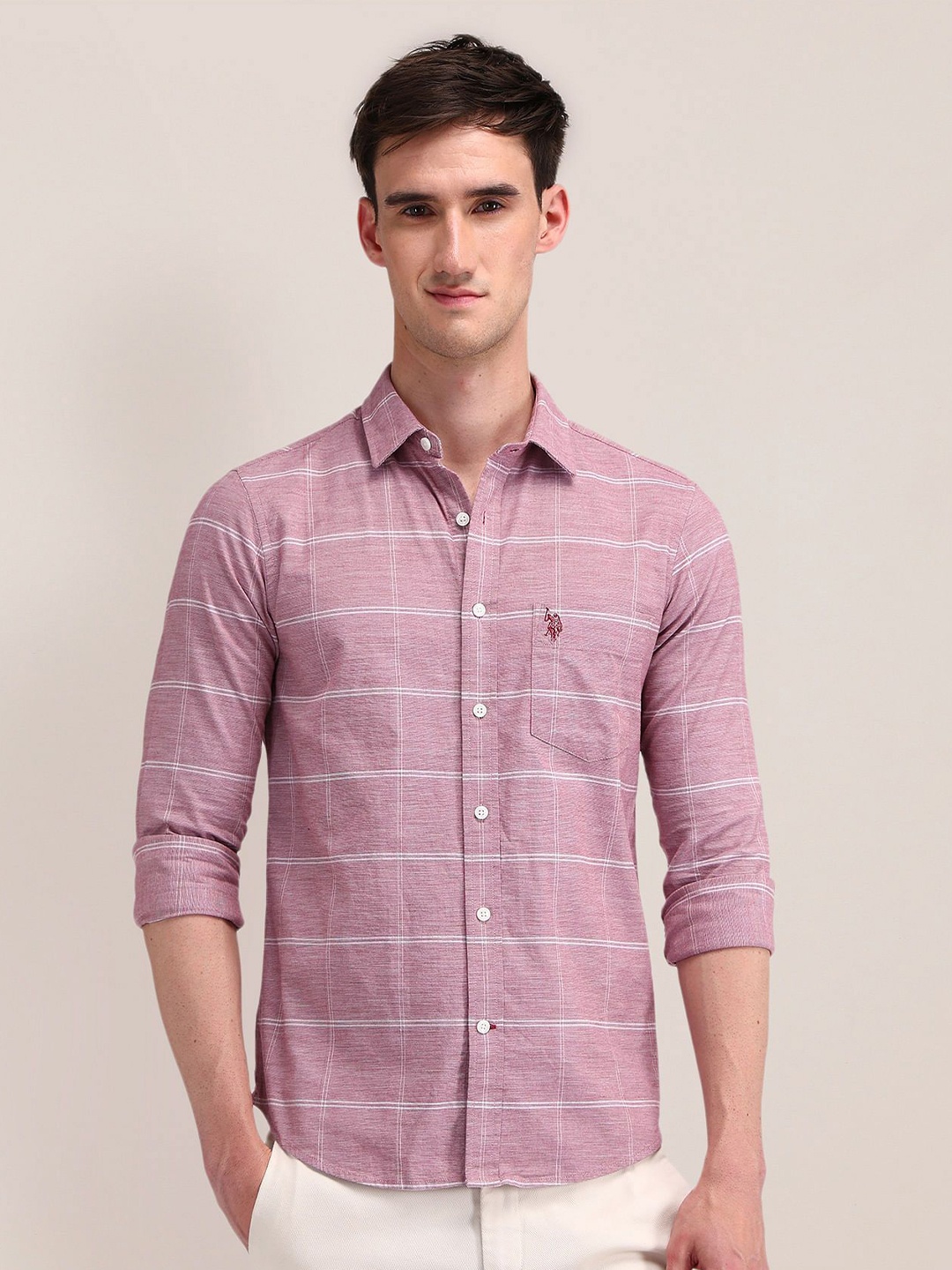 

U.S. Polo Assn. Men Classic Cutaway Collar Tartan Checked Cotton Formal Shirt, Red