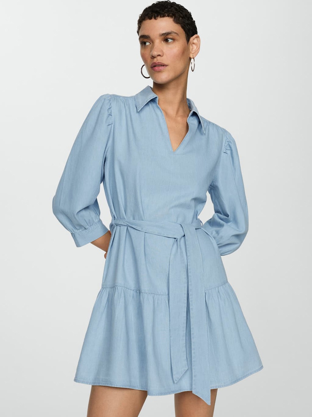 

MANGO Puff Sleeve A-Line Chambray Cotton Mini Dress, Blue