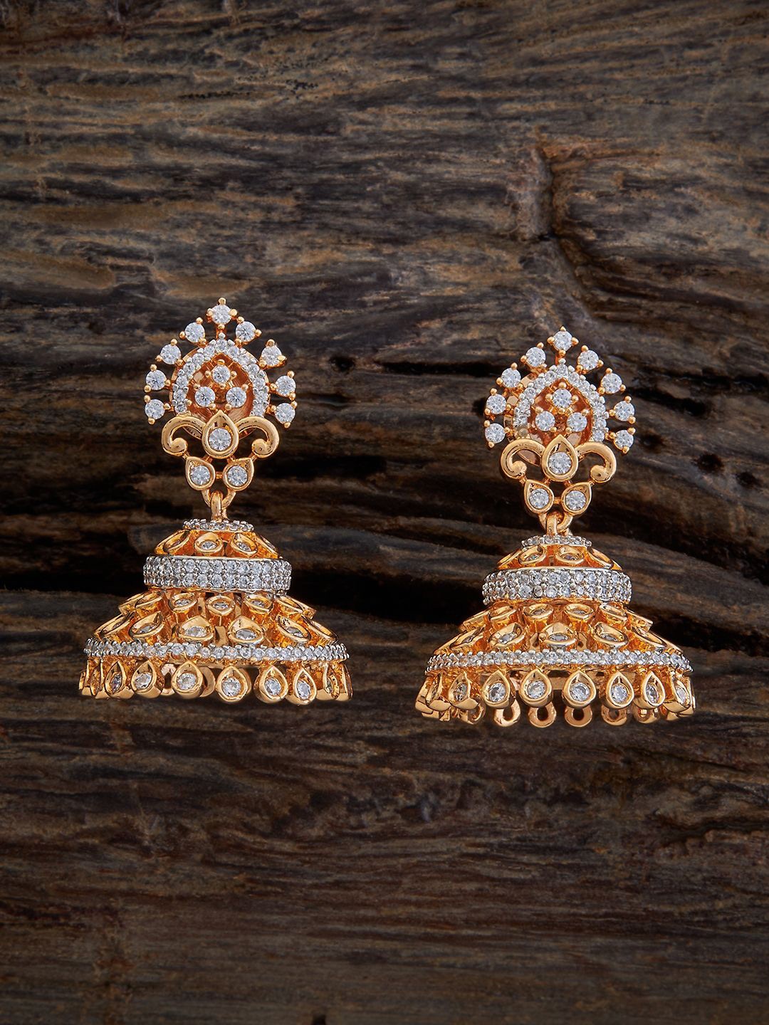 

Kushal's Fashion Jewellery Rhodium Gold-Plated CZ Studded Dome Shaped Jhumkas