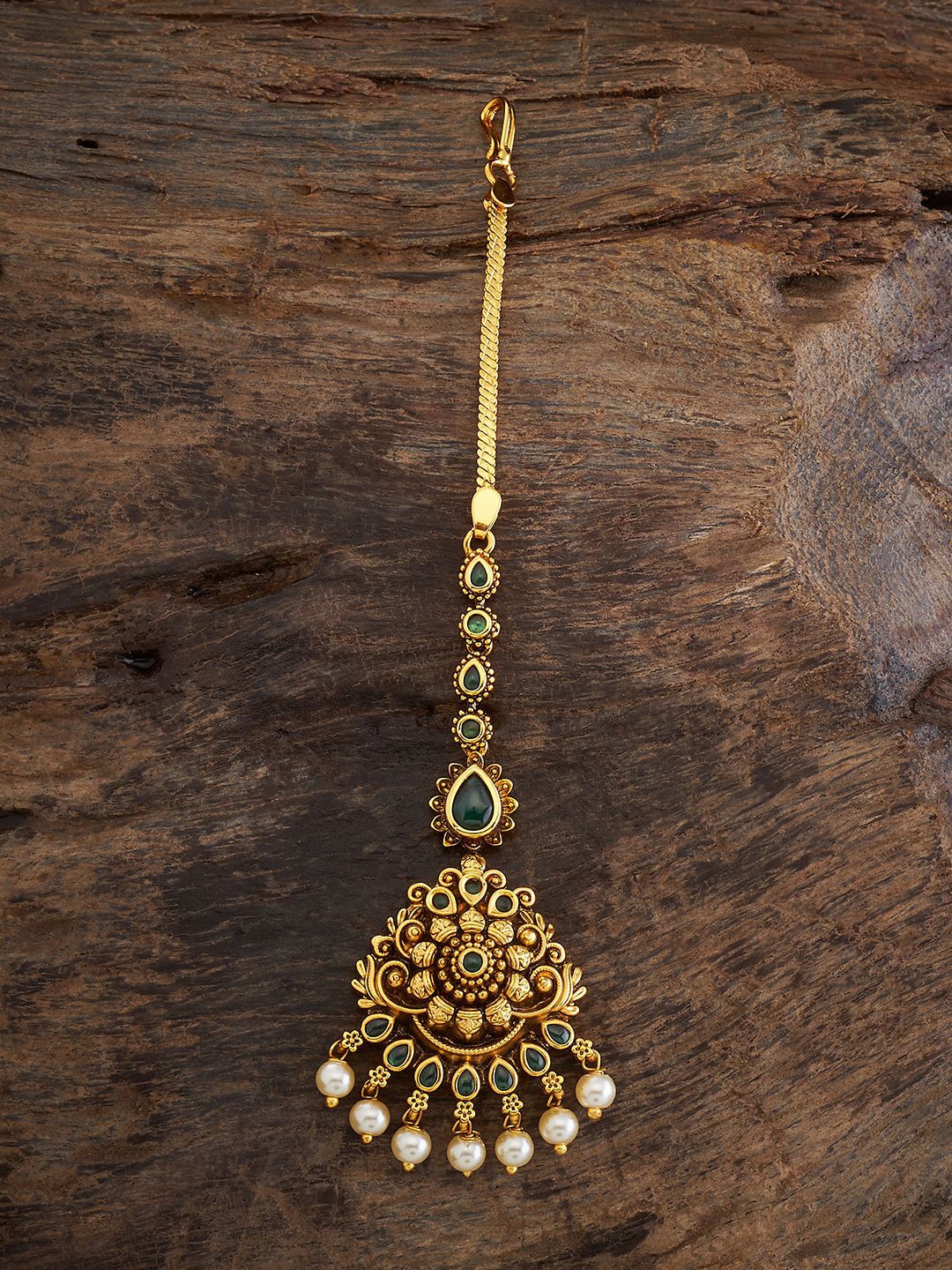 

Kushal's Fashion Jewellery Gold-Plated Artificial Beads Studded Antique Maang Tikka