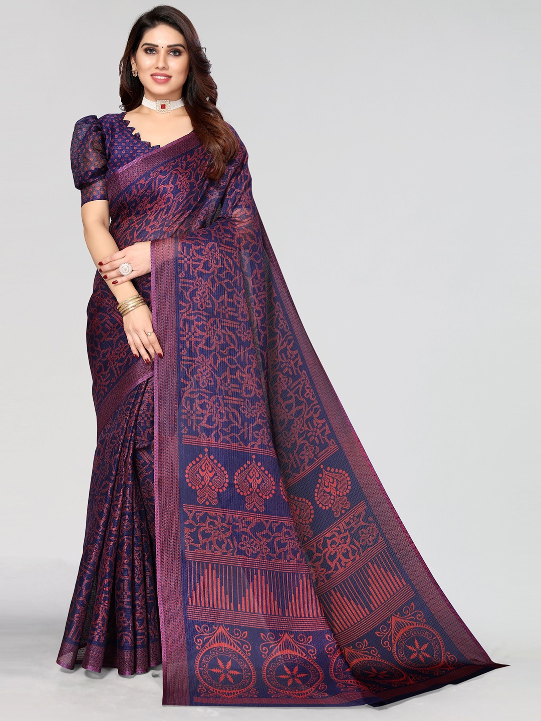 

VIRICA Floral Printed Saree With Blouse Piece, Navy blue