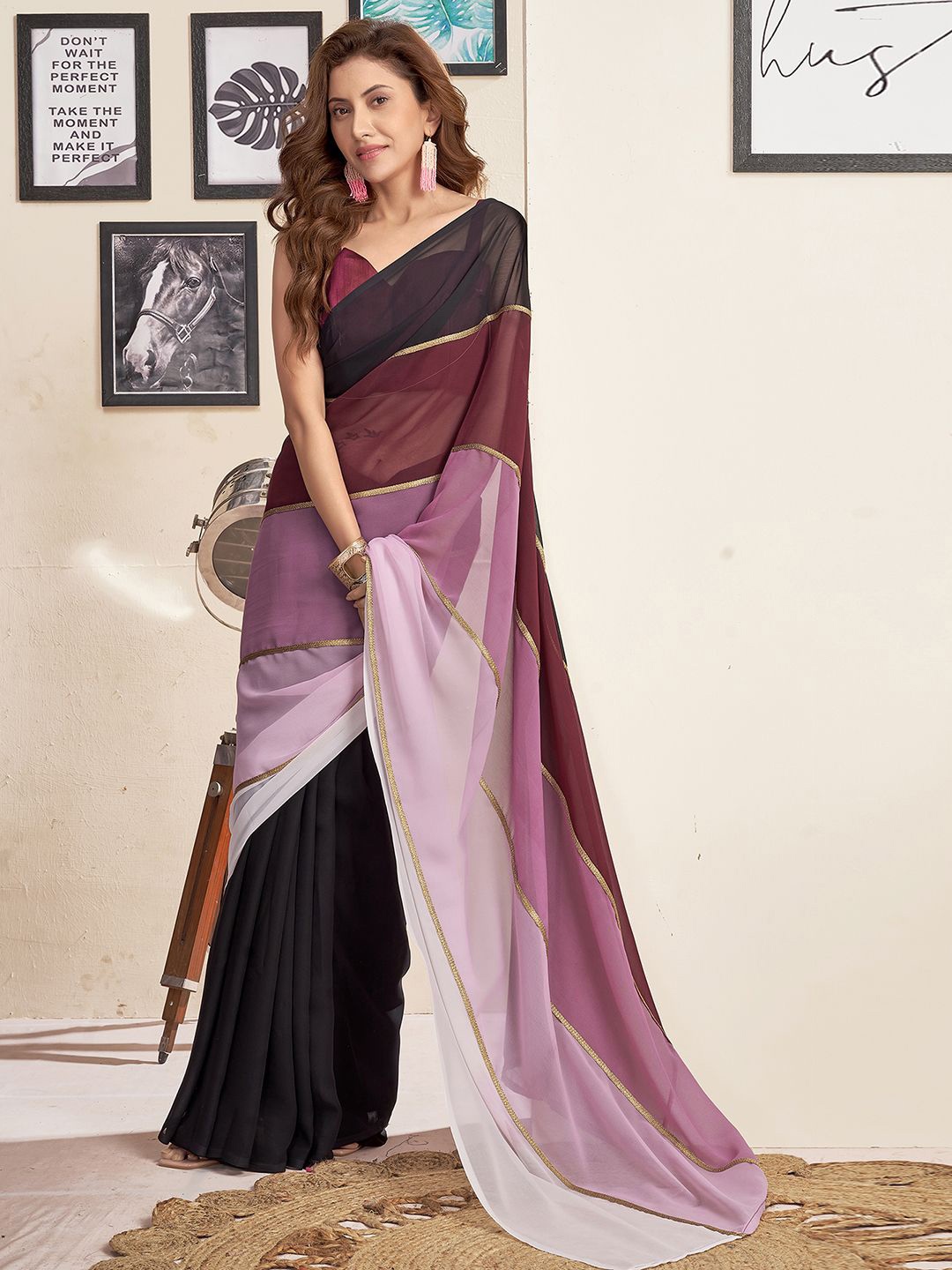 

Mitera Colourblocked Pure Georgette Saree, Purple