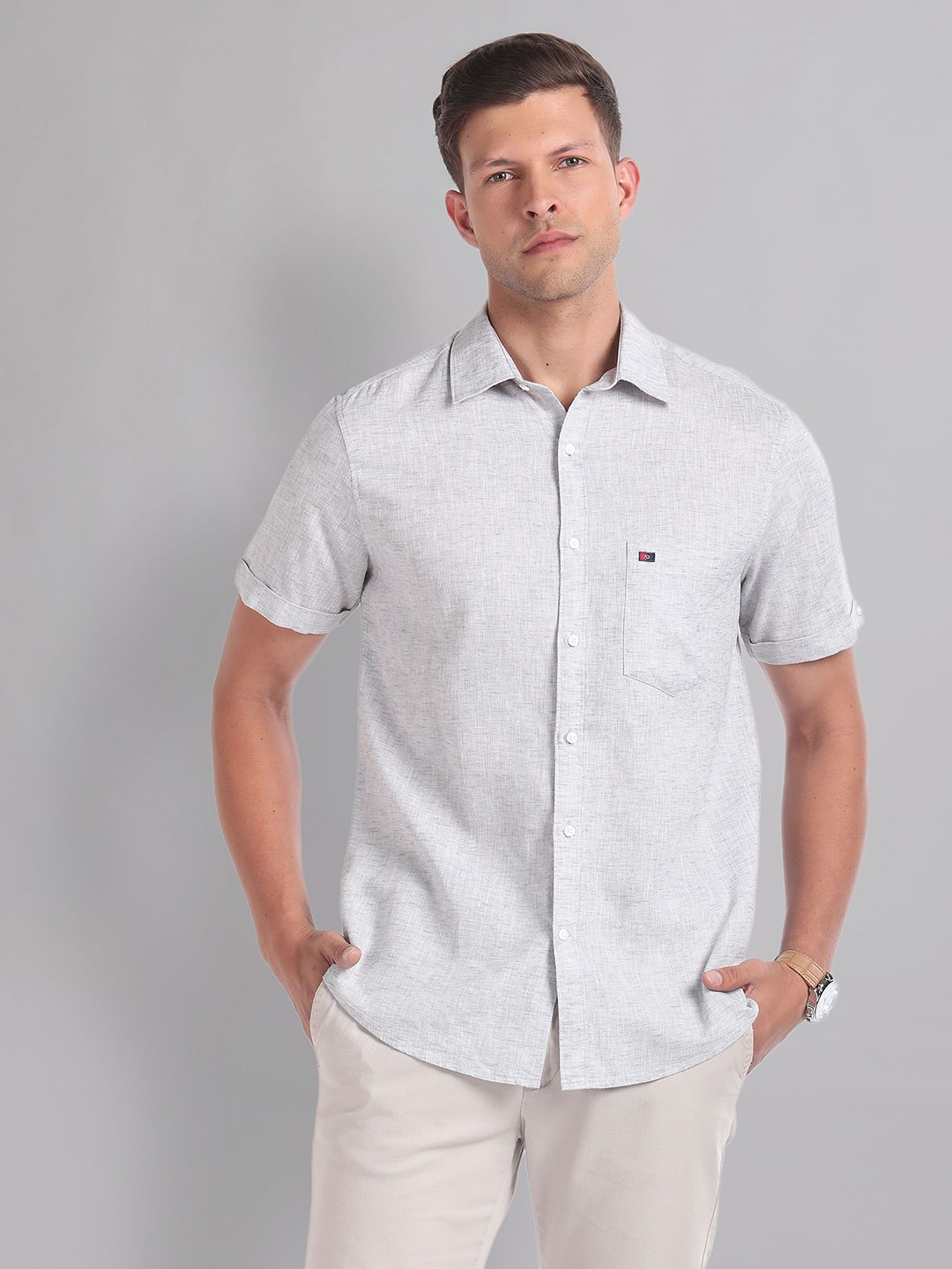 

AD By Arvind Men Spread Collar Textured Printed Cotton Slim Fit Casual Shirt, Grey