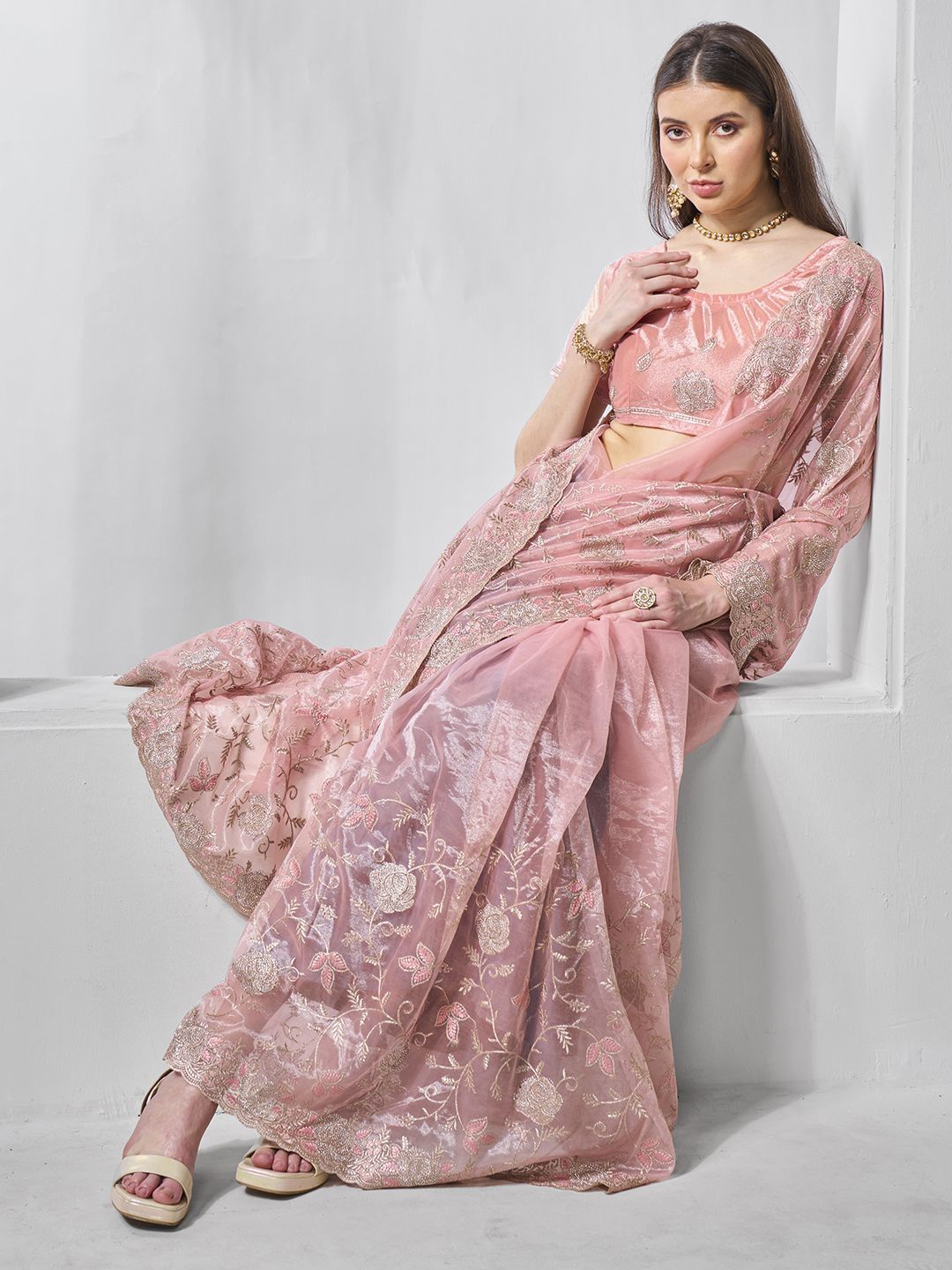 

Mitera Floral Embroidered Organza Saree, Pink