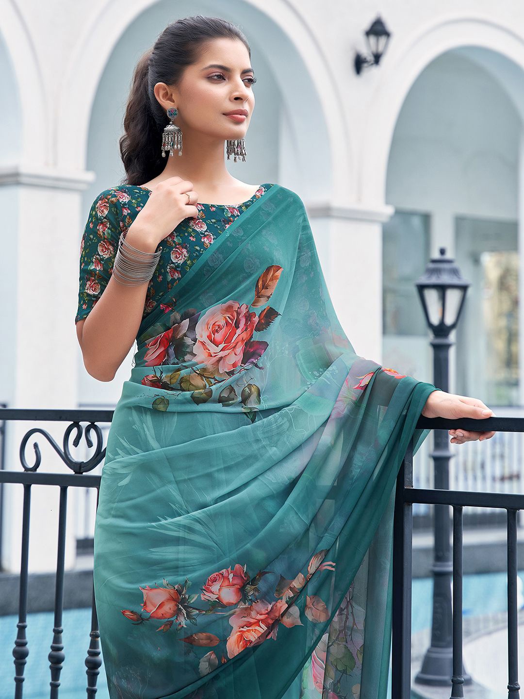 

Mitera Floral Printed Pure Georgette Muga Saree, Green