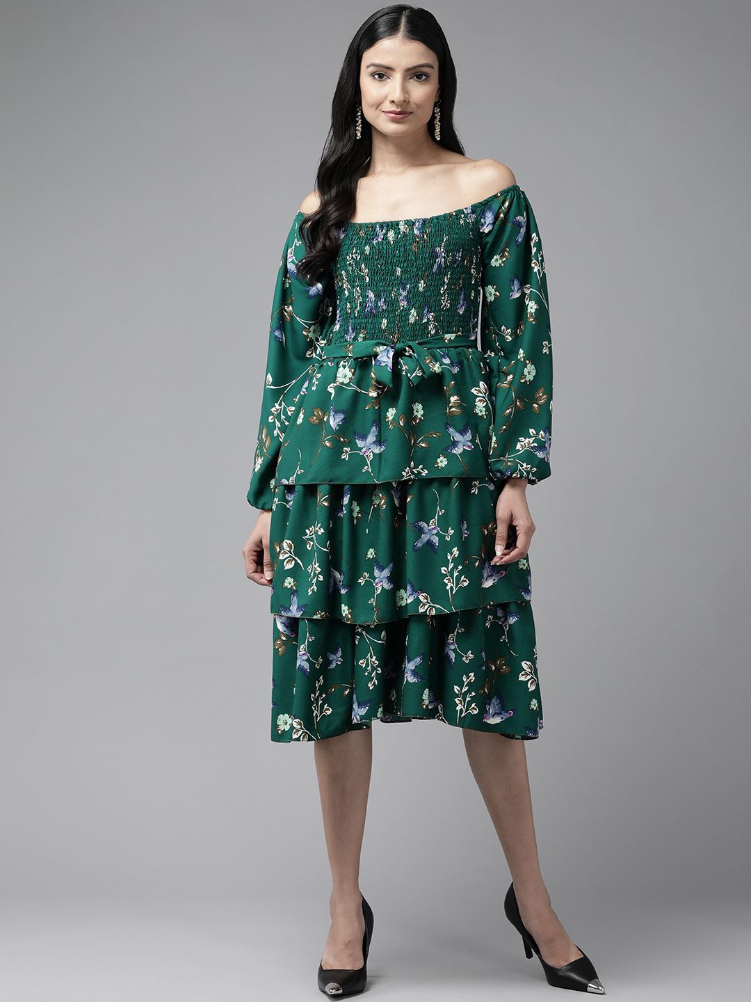 

BAESD Floral Printed Off-Shoulder Puff Sleeve Georgette Layered Fit & Flare Midi Dress, Green