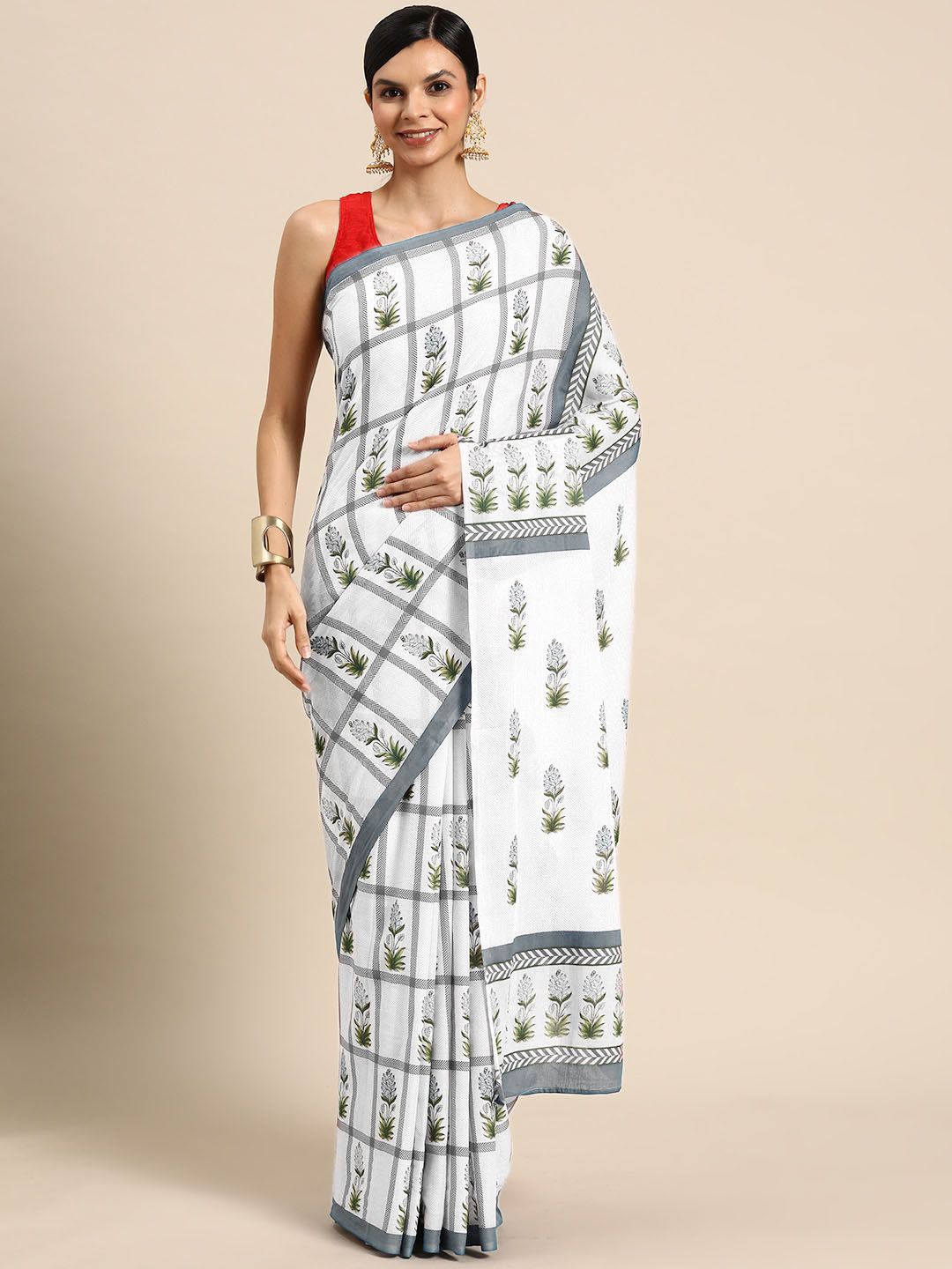 

BUTA BUTI Floral Pure Cotton Saree, White