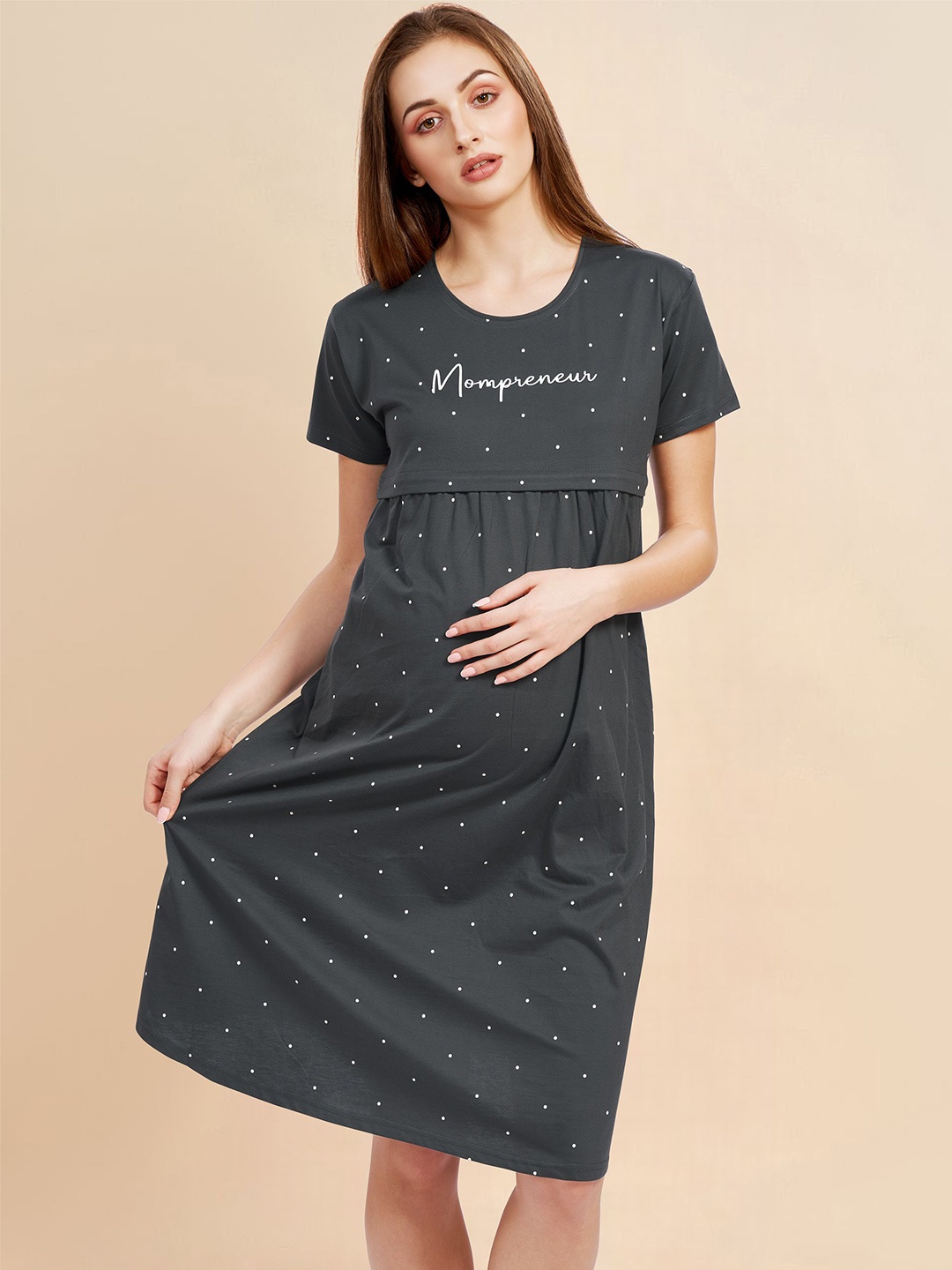 

PASTEL CLIP Polka Dot Printed Pure Cotton Maternity T-Shirt Nightdress, Grey
