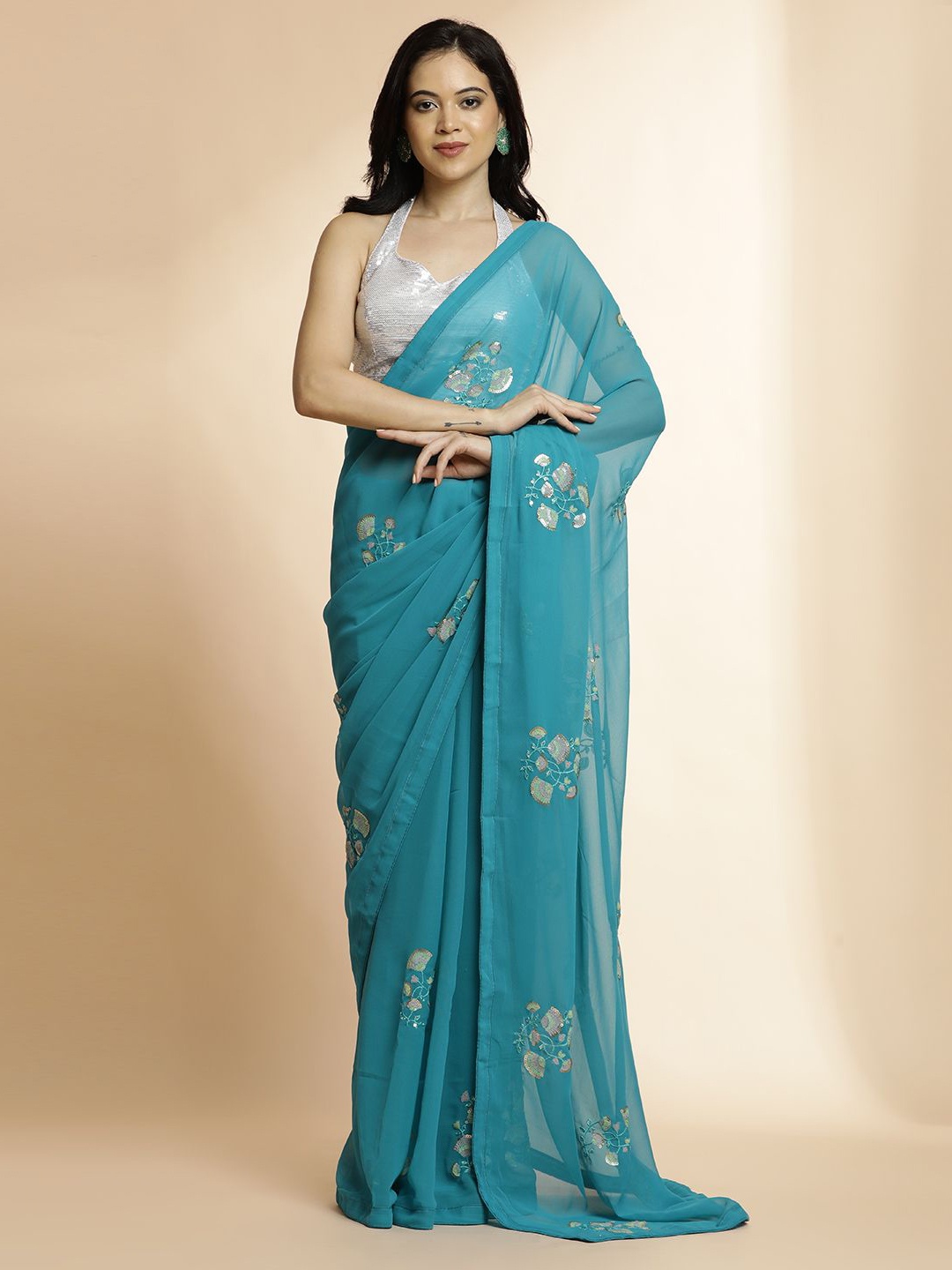 

Jaipur Kurti Embellished Sequinned Pure Georgette Saree, Blue