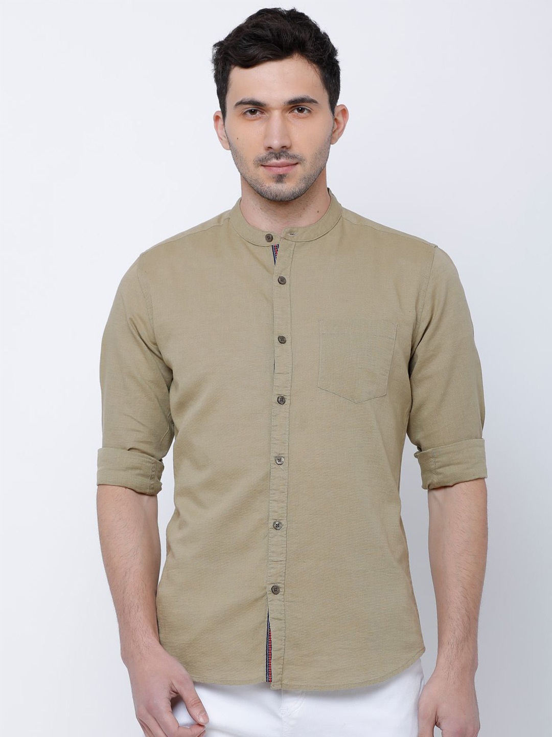 

HIGHLANDER Men Slim Fit Cotton Linen Shirt, Olive