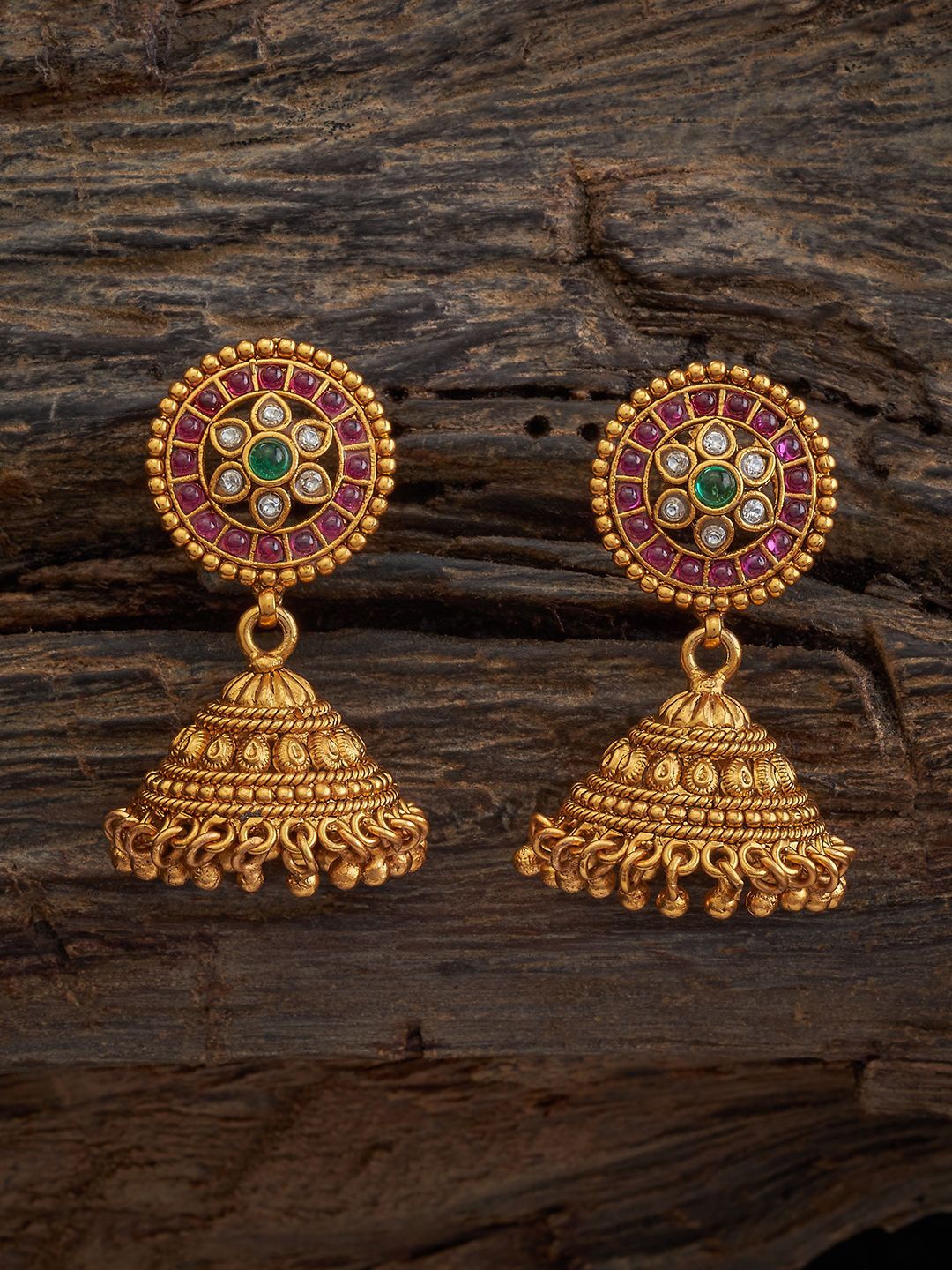 

Kushal's Fashion Jewellery Gold Plated Antique Dome Shaped Jhumkas, Red