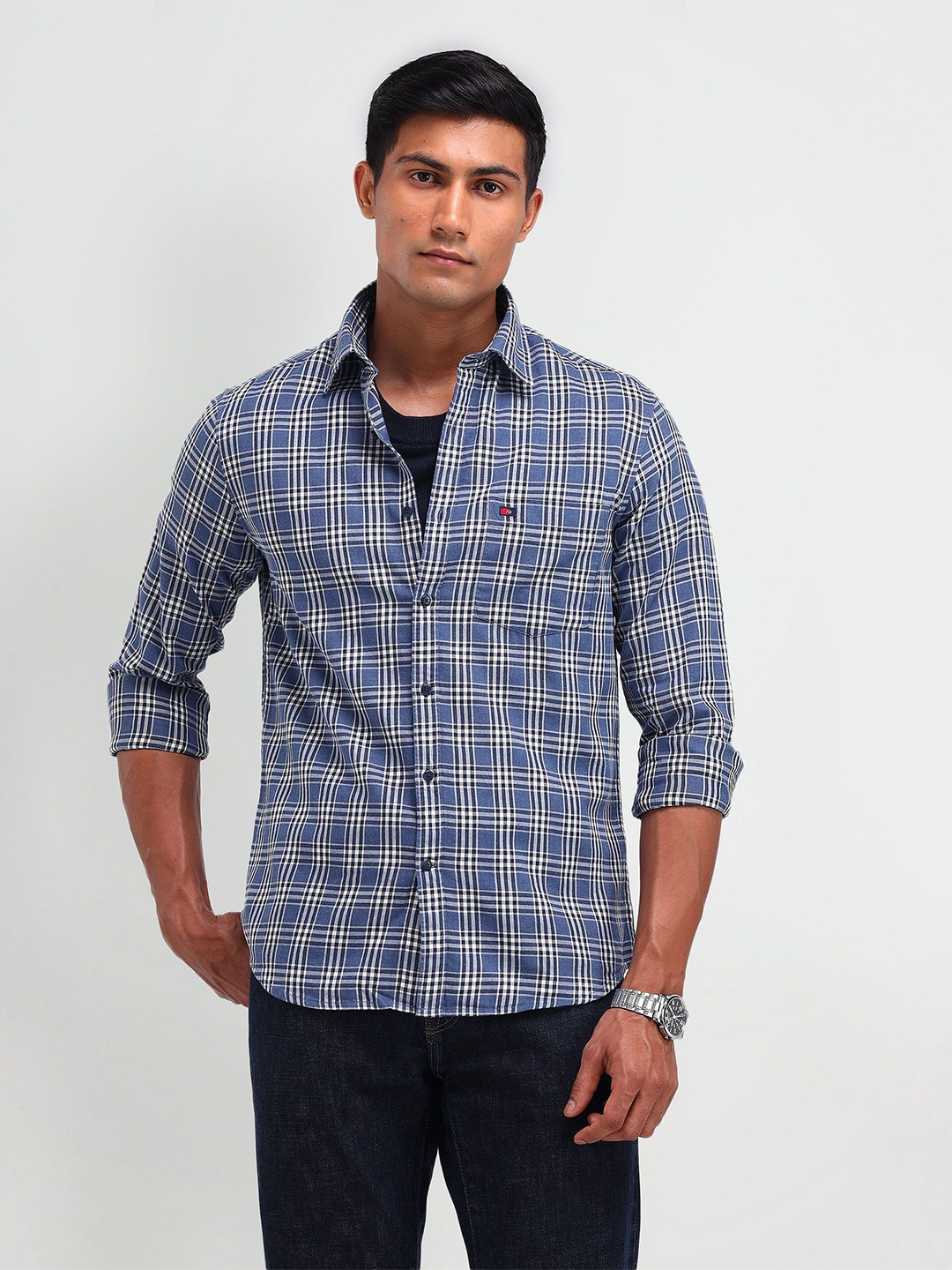 

AD By Arvind Men Spread Collar Checked Cotton Slim Fit Casual Shirt, Blue